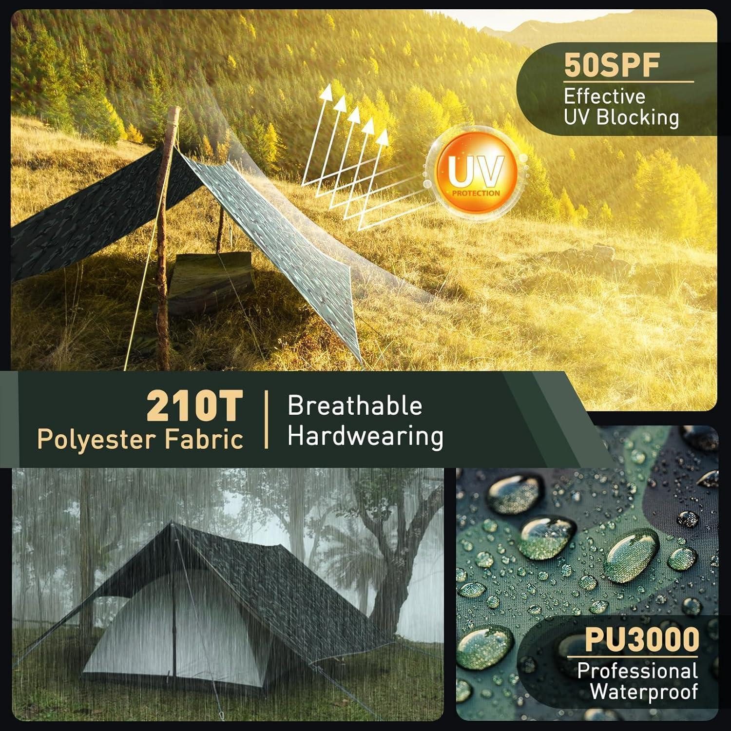 LuxusKollektion Tarp-Zelt Tarp 3x3m Wasserdicht Ultraleicht UVschutz Öse Camping Camouflage 3x3M