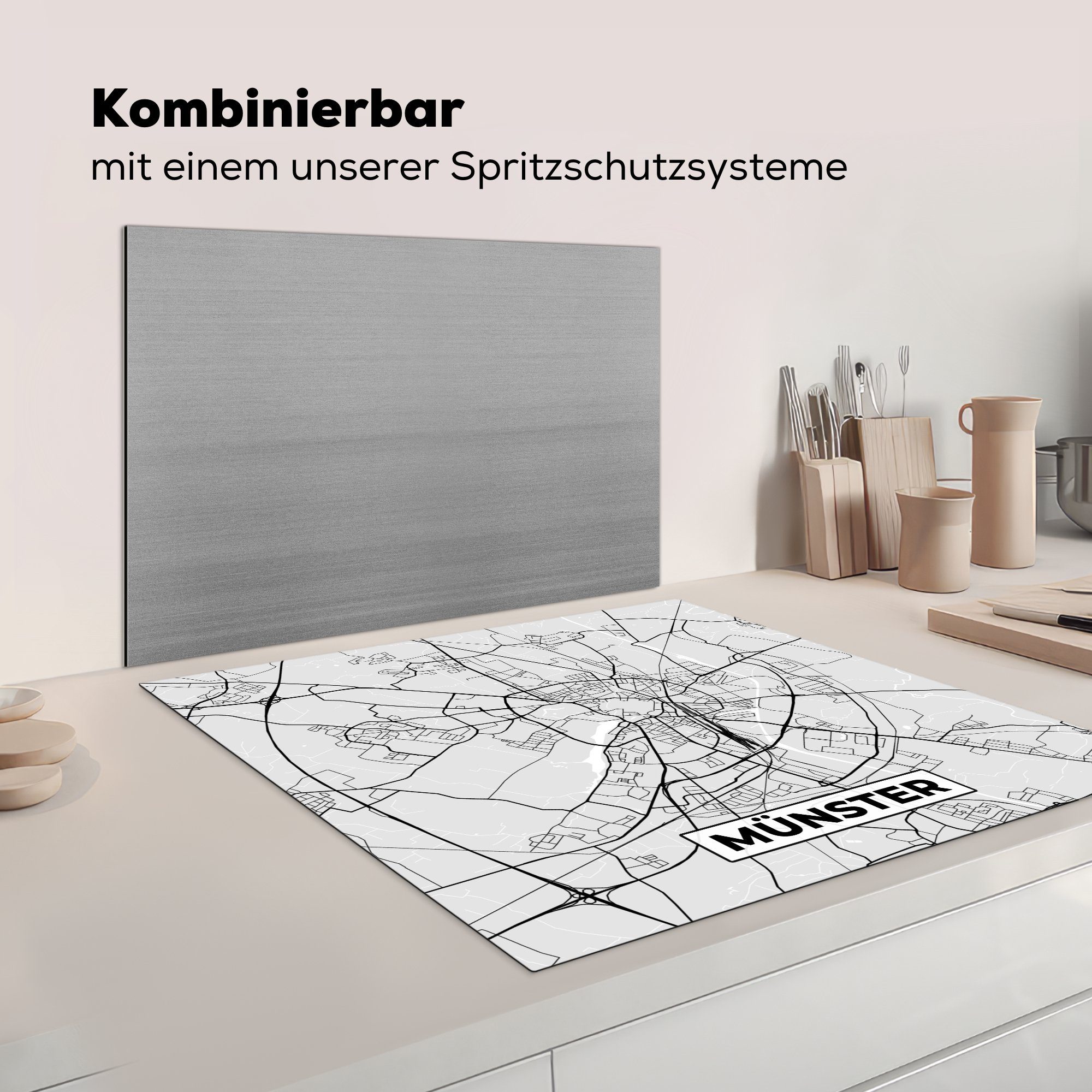 für Münster Deutschland Herdblende-/Abdeckplatte küche Karte tlg), 78x78 cm, MuchoWow - - Vinyl, - Stadtplan, - Karte Arbeitsplatte (1 Ceranfeldabdeckung,