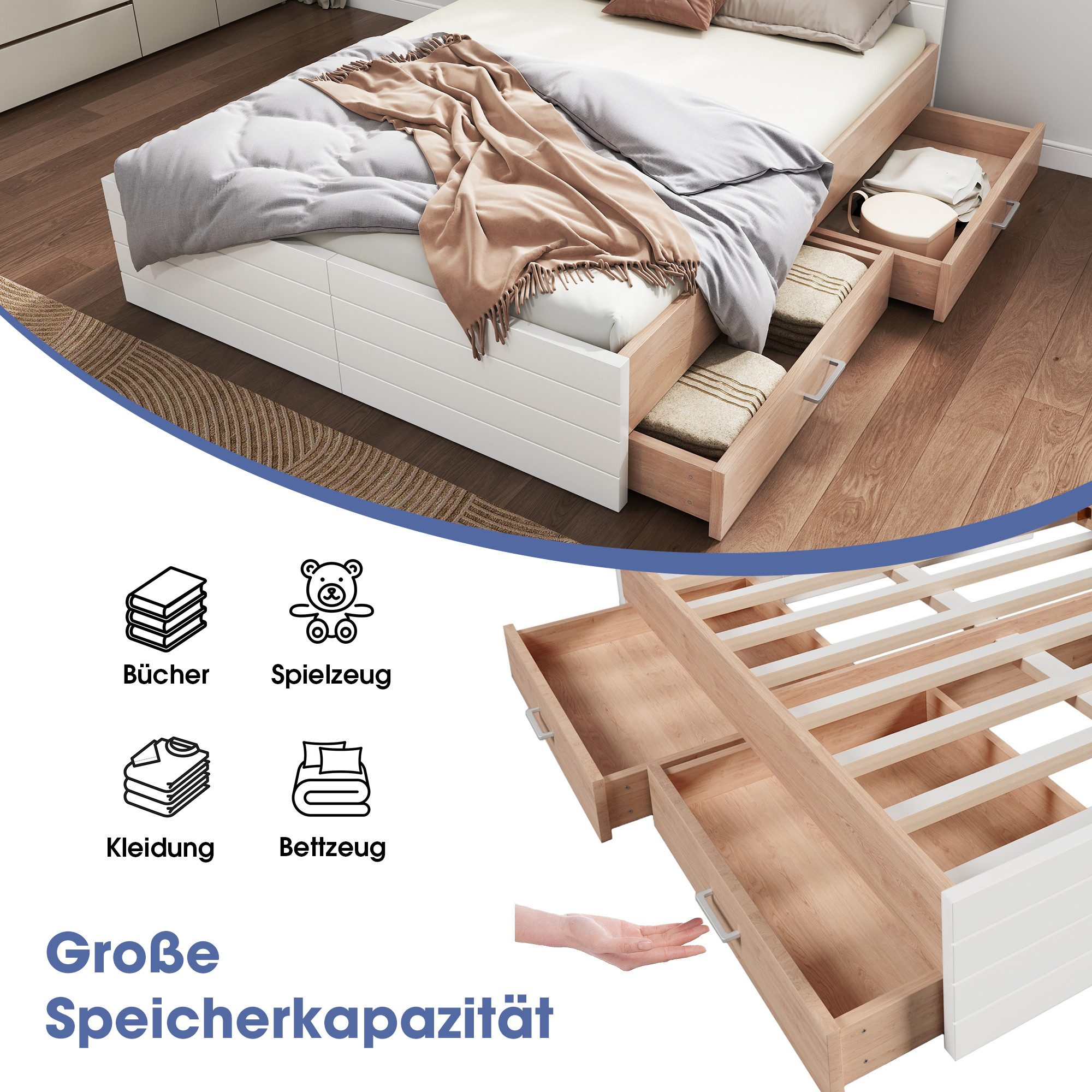 Flieks Massivholzbett, Doppelbett 180×200cm mit 2 Schubladen und Lattenrost günstig online kaufen