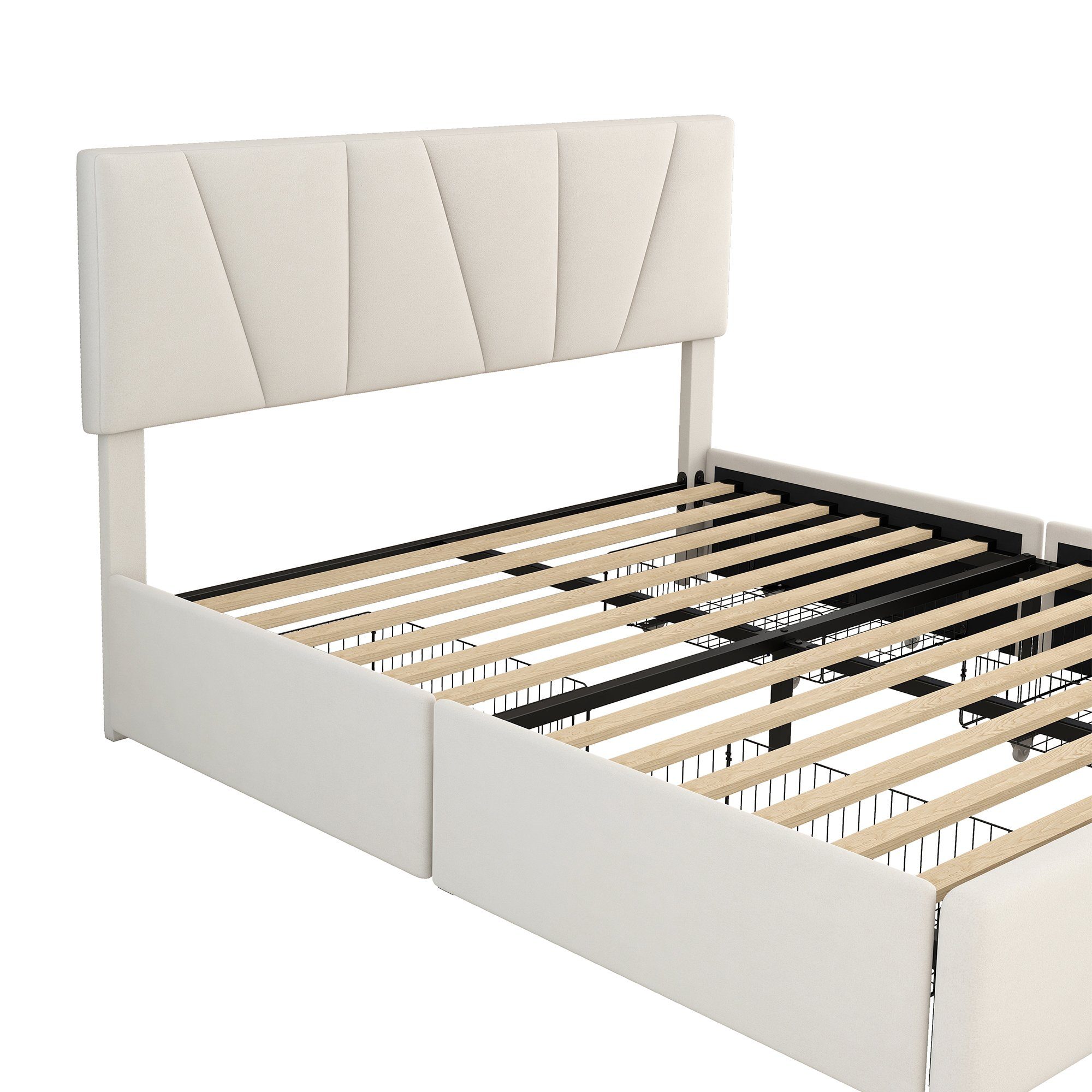 Merax Polsterbett mit höhenverstellbarem Doppelbett Samtbezug Schubladen, vier 160x200cm Beige mit Kopfteil