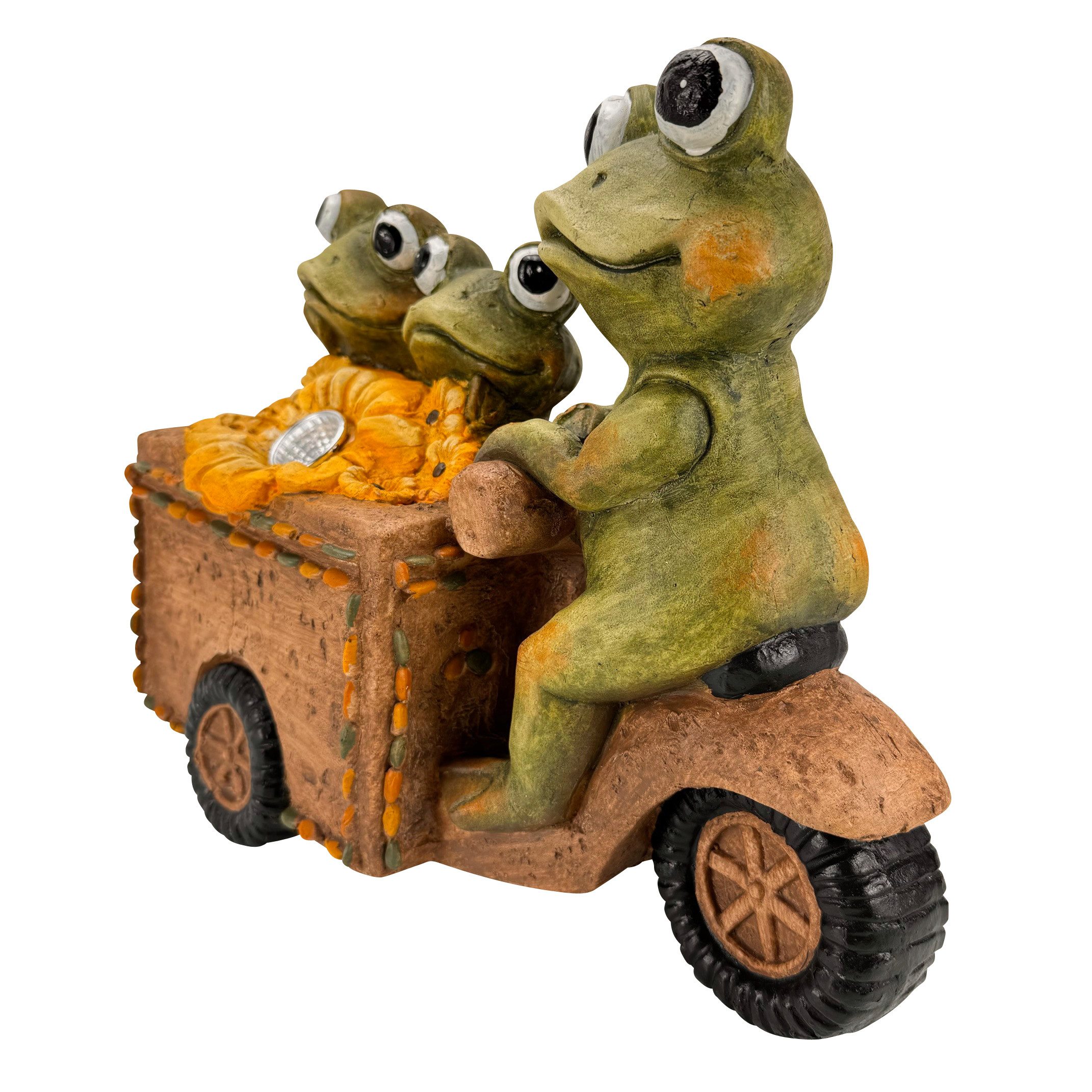 Online-Fuchs Gartenfigur Frosch Bande auf dem Lastenrad für draußen - Deko Figur, inkl. kleiner LED-Solarbeleuchtung