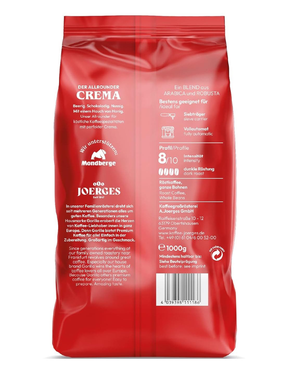 Gorilla Kaffee Joerges Espresso Gorilla Superbar Crema ganze Kaffeebohnen, 2 x 1000 g, aus 60% Arabicabohnen und 40% Robustabohnen