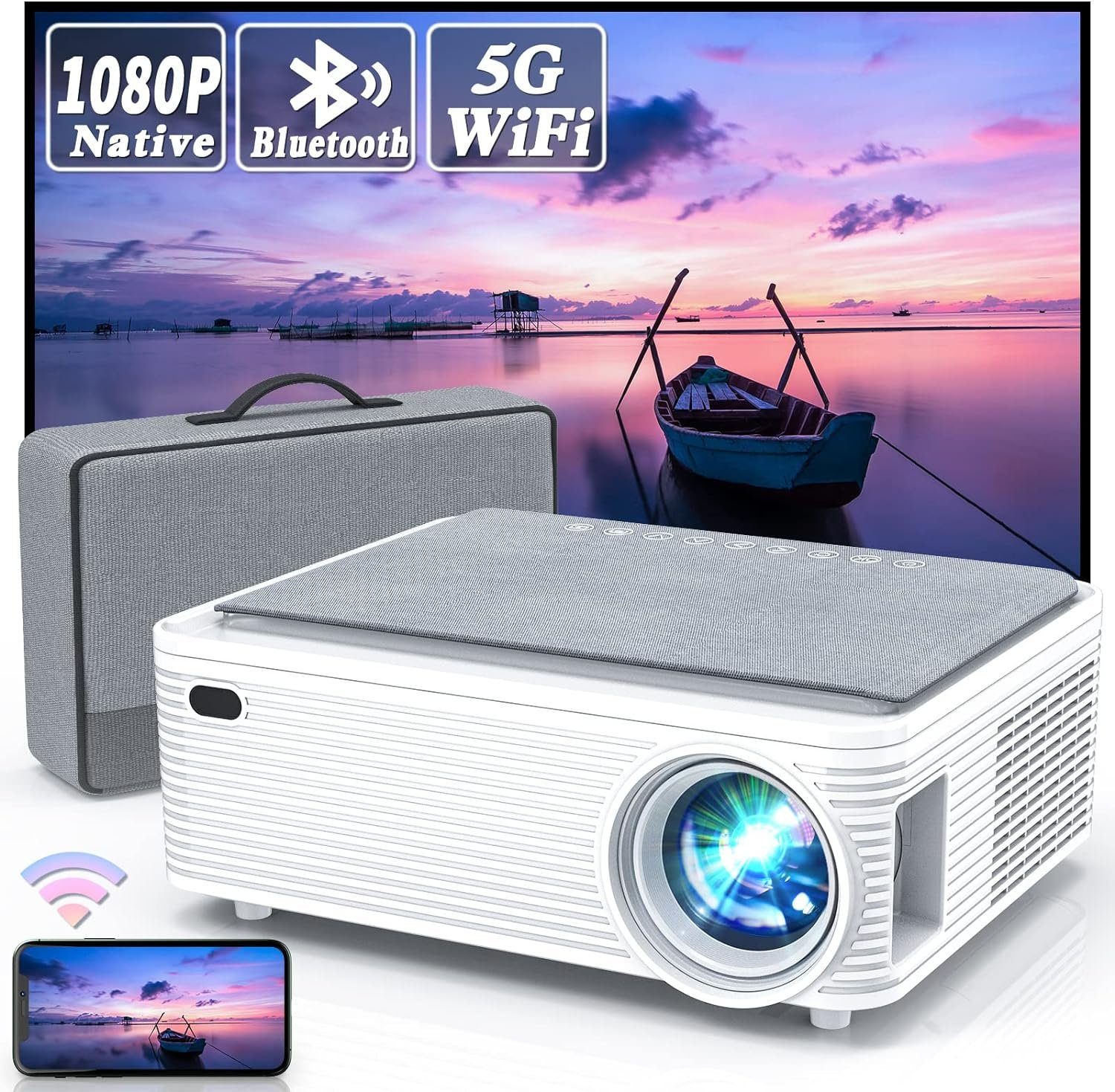 WISELAZER Portabler Projektor (12000:1, Full HD Beamer 4K Heimkino WiFi/Bluetooth UHD Smartphone/PC/TV Box)