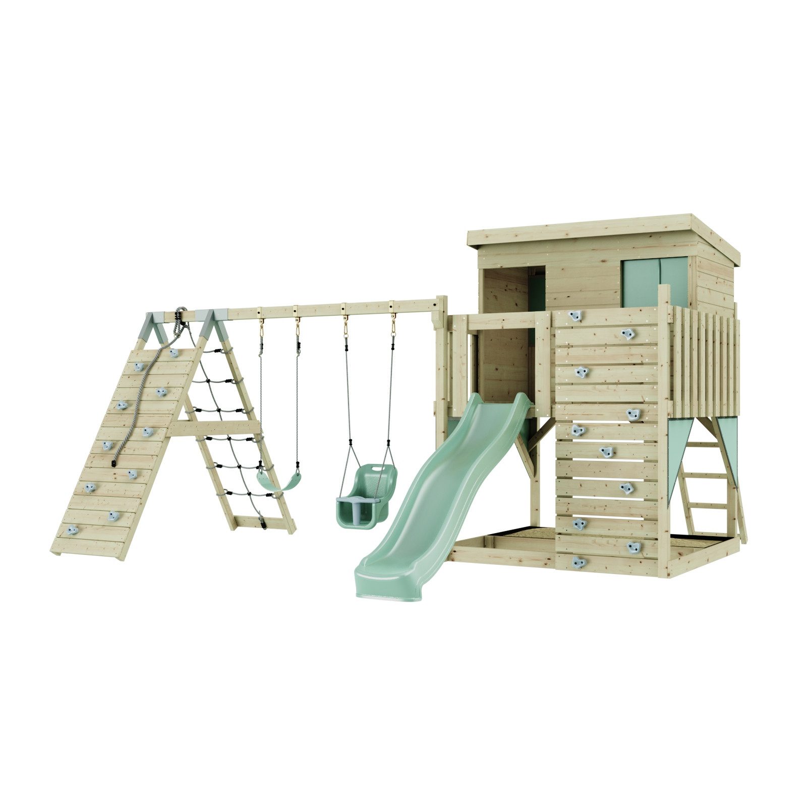 OutdoorToys Spielturm Aksel, aus Holz in Mintgrün mit Babyschaukel & Rutsche, Kletterwand