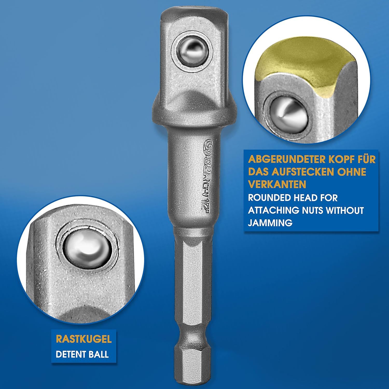 S&R Stecknüsse -Adapter, für Bohrmaschine und Akkuschrauber, aus Cr-V-Stahl, Satz, 3-St., 3 tlg. Adapter Sechskant auf 1/4", 1/2", 3/8" Vierkant, Aufstecken ohne Verkanten, Steckschlüssel Nüsse und Stecknüsse
