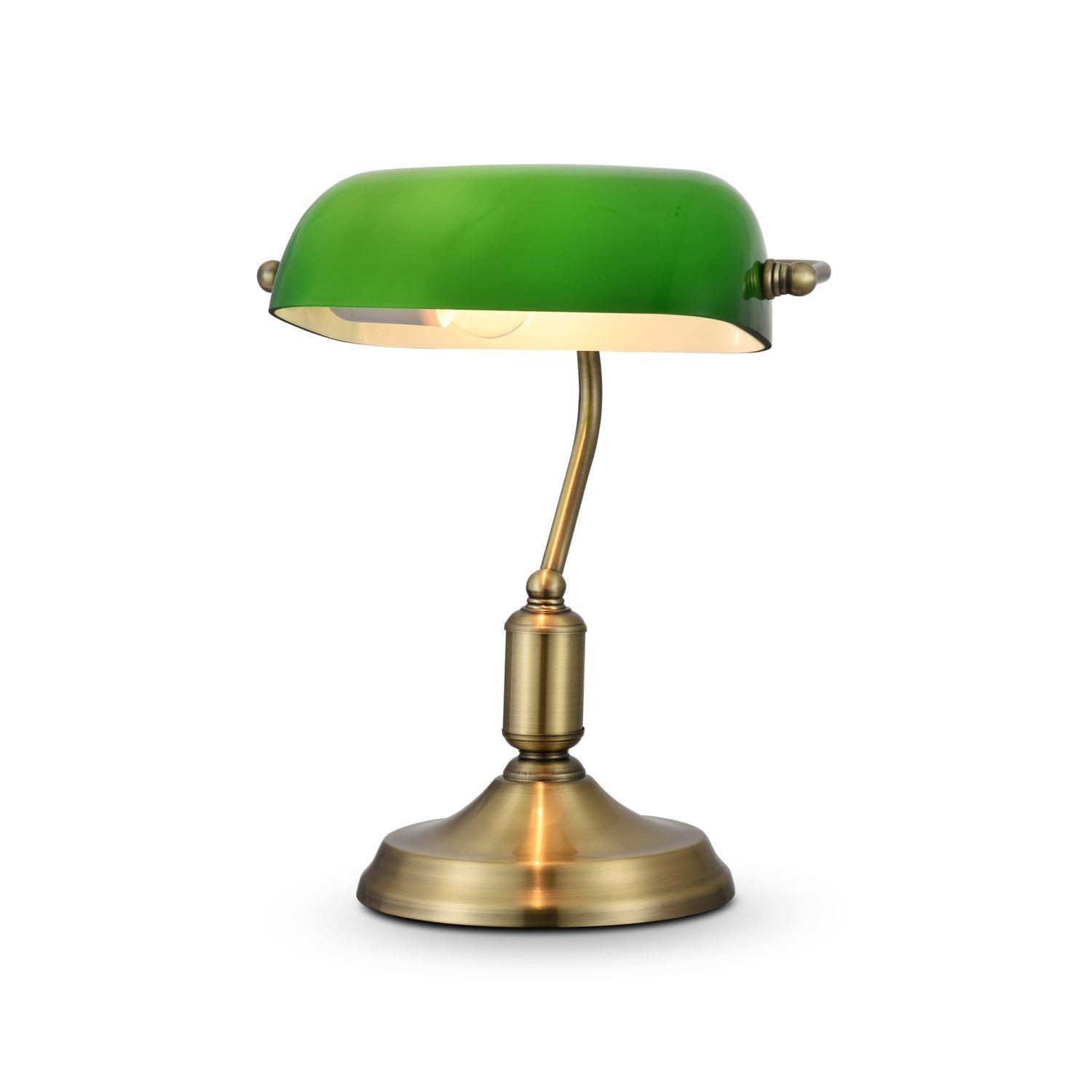 Licht-Erlebnisse Schreibtischlampe MARC, ohne Leuchtmittel, Bankerlampe Glas Metall 36 cm in Messing Grün E27 Jugendstil