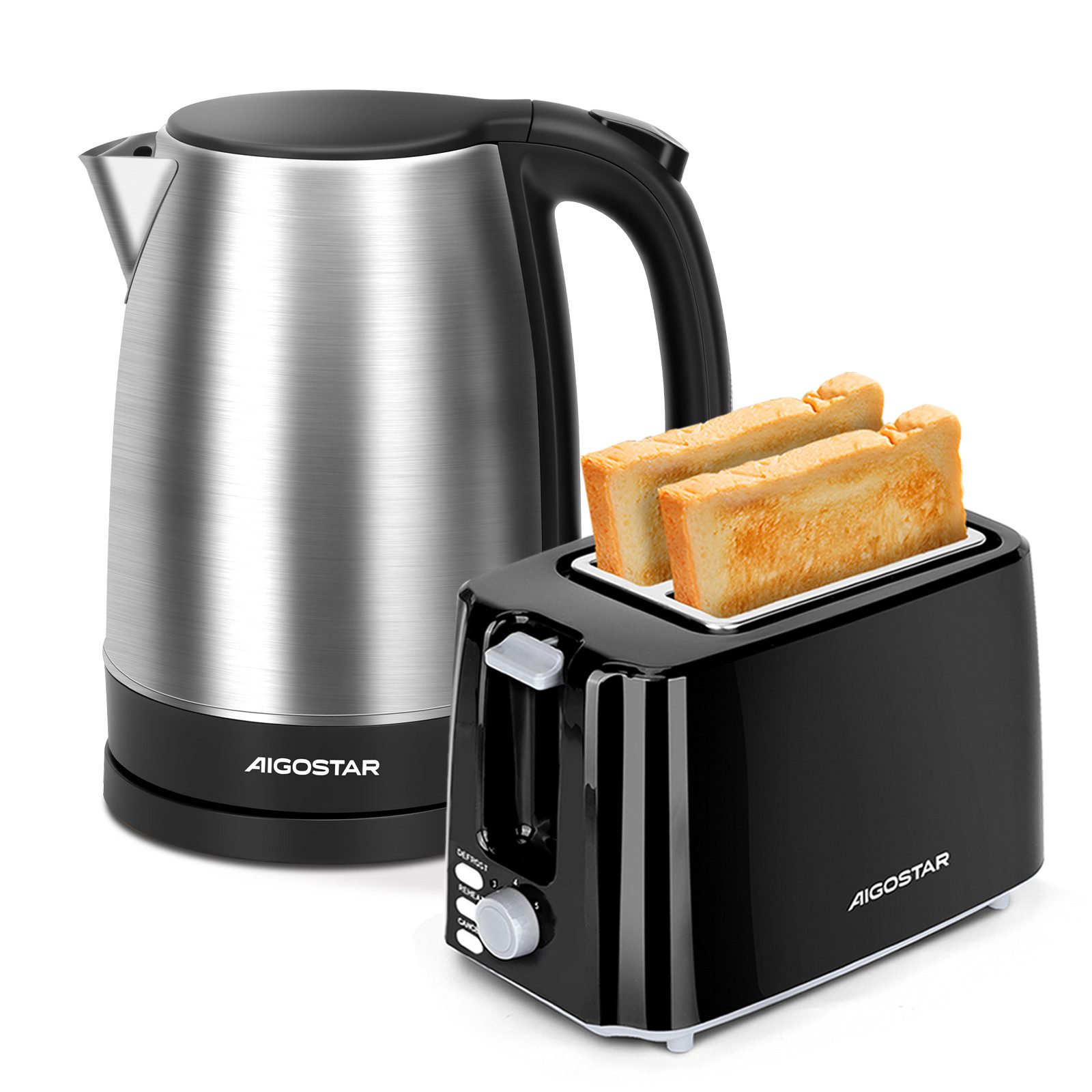 Aigostar Frühstücks-Set Edelstahl Wasserkocher 1,7L / 2-Scheiben Langschlitz Toaster, Schwarz, Elegantes Design & starke Leistung, Komfortabel im Alltag