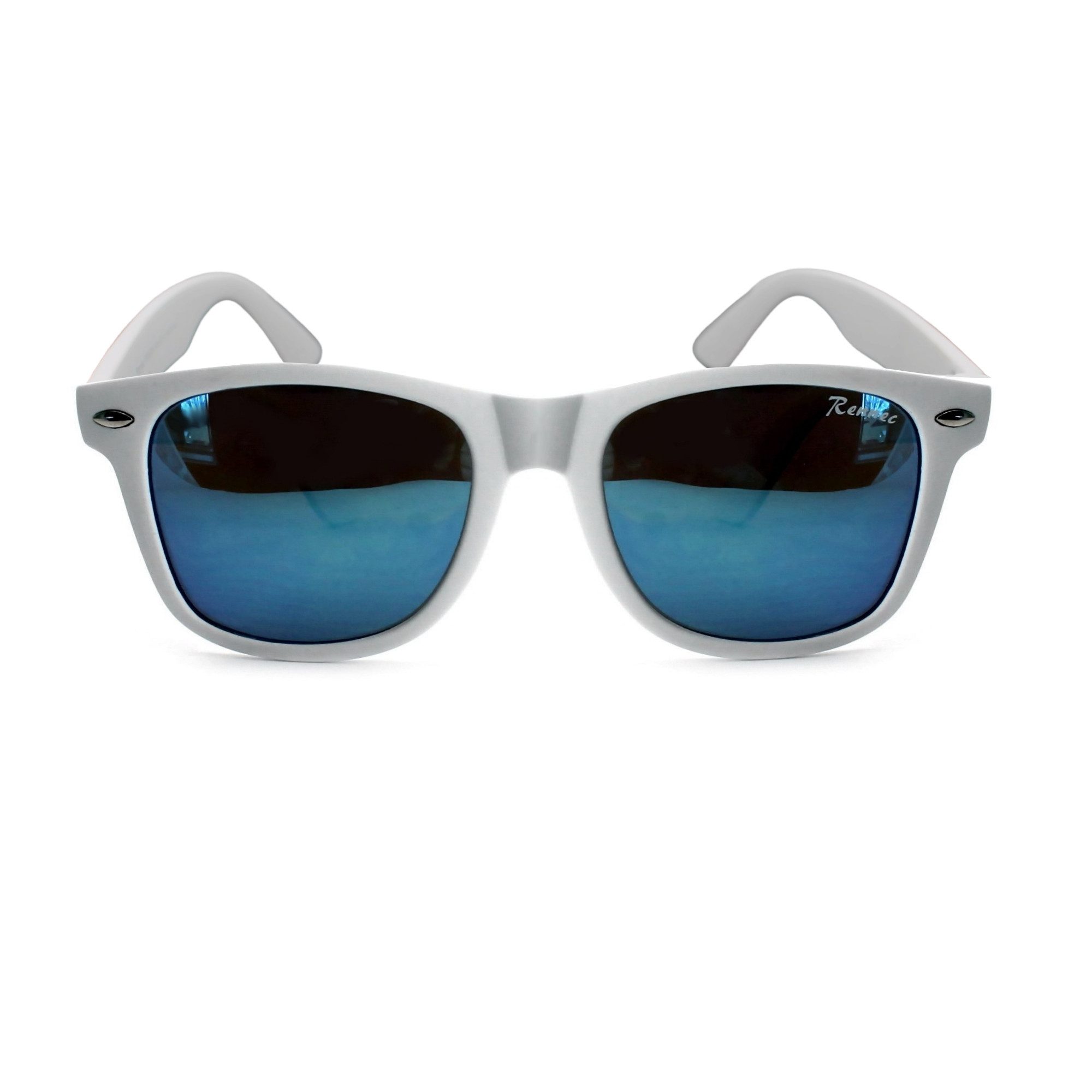 Rennec Sonnenbrille (Ovale Sonnenbrille Herren Festivalbrille Damen Weiß Matt Markenbrille, Retro Nerd Brille mit Brillenbeutel) Gläser Getönt oder Verspiegelt 3in2 Bügelgelenke