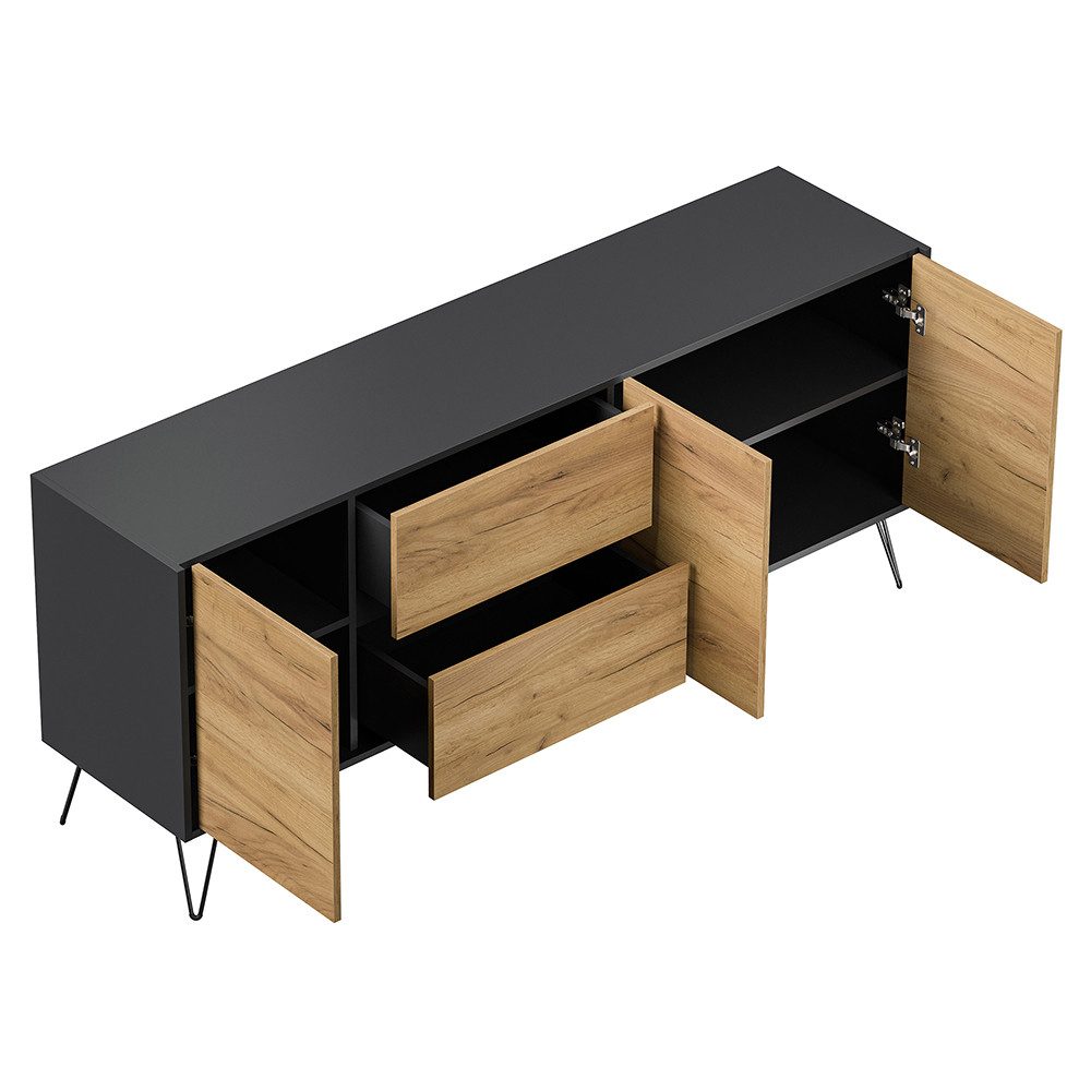 Lomadox Sideboard INDIANAPOLIS-02, 177cm breit, graphit mit Eiche, grifflos