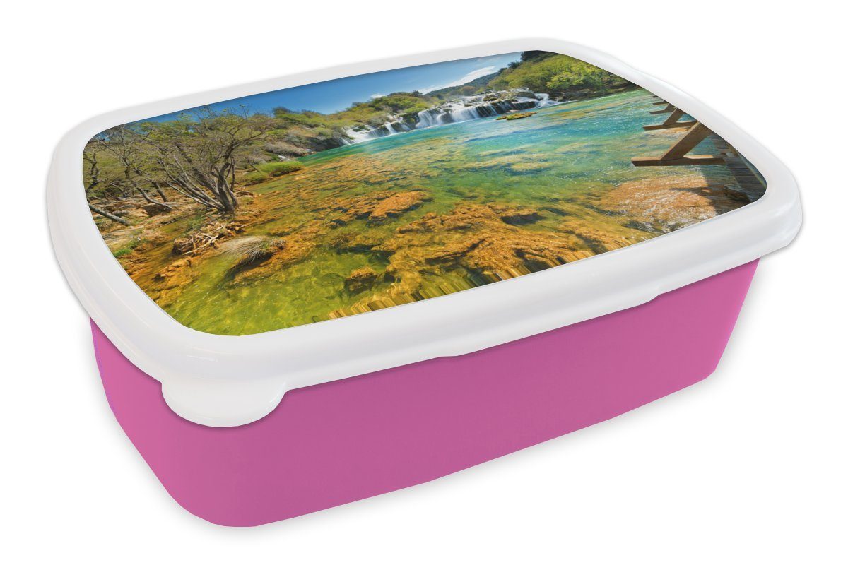 MuchoWow Lunchbox Die farbenfrohen Gewässer des Nationalparks Krka in Kroatien, Kunststoff, (2-tlg), Brotbox für Erwachsene, Brotdose Kinder, Snackbox, Mädchen, Kunststoff rosa