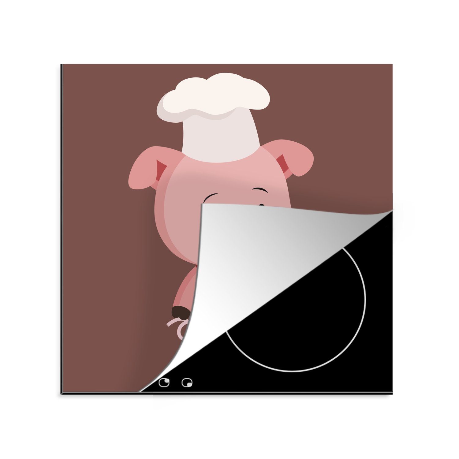 MuchoWow Herdblende-/Abdeckplatte Eine Illustration eines Ferkels mit Kochmütze, Vinyl, (1 tlg), 78x78 cm, Ceranfeldabdeckung, Arbeitsplatte für küche