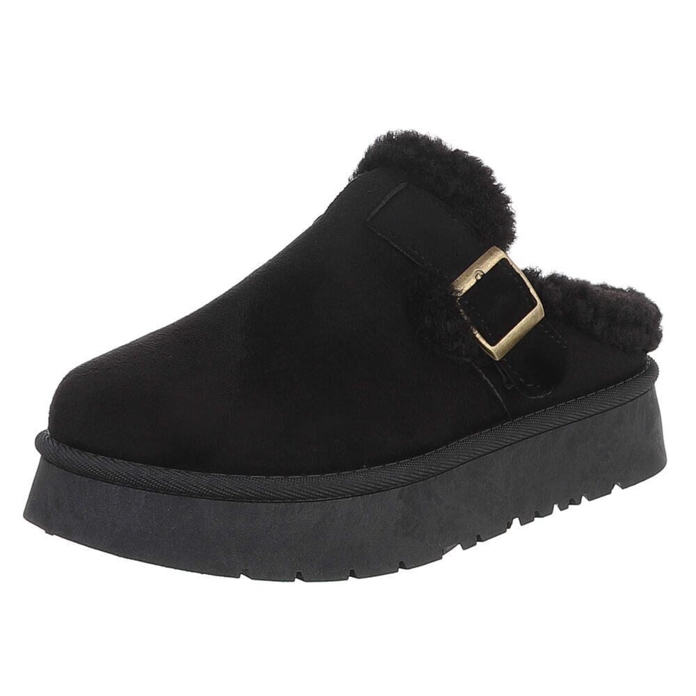 Ital-Design Damen Clog mit Fellfutter und Plateau-Sohle Snowboots (92392361) Flach Plateaustiefeletten in Schwarz