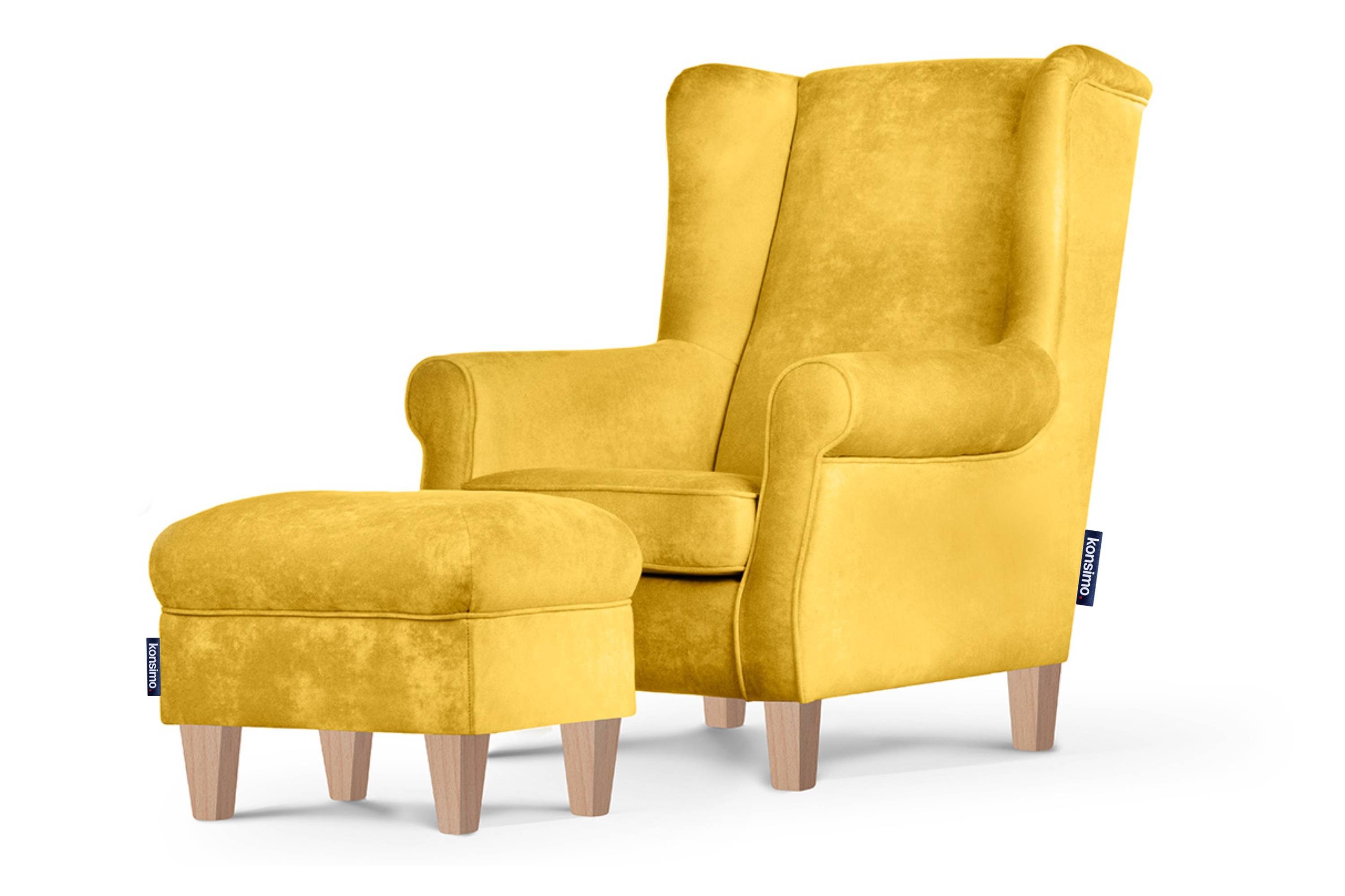 KONSIMO® Ohrensessel MILES Einzelsessel mit Sitzhocker, mit Armlehnen,pflegeleichter Stoff,Massivholzbeine