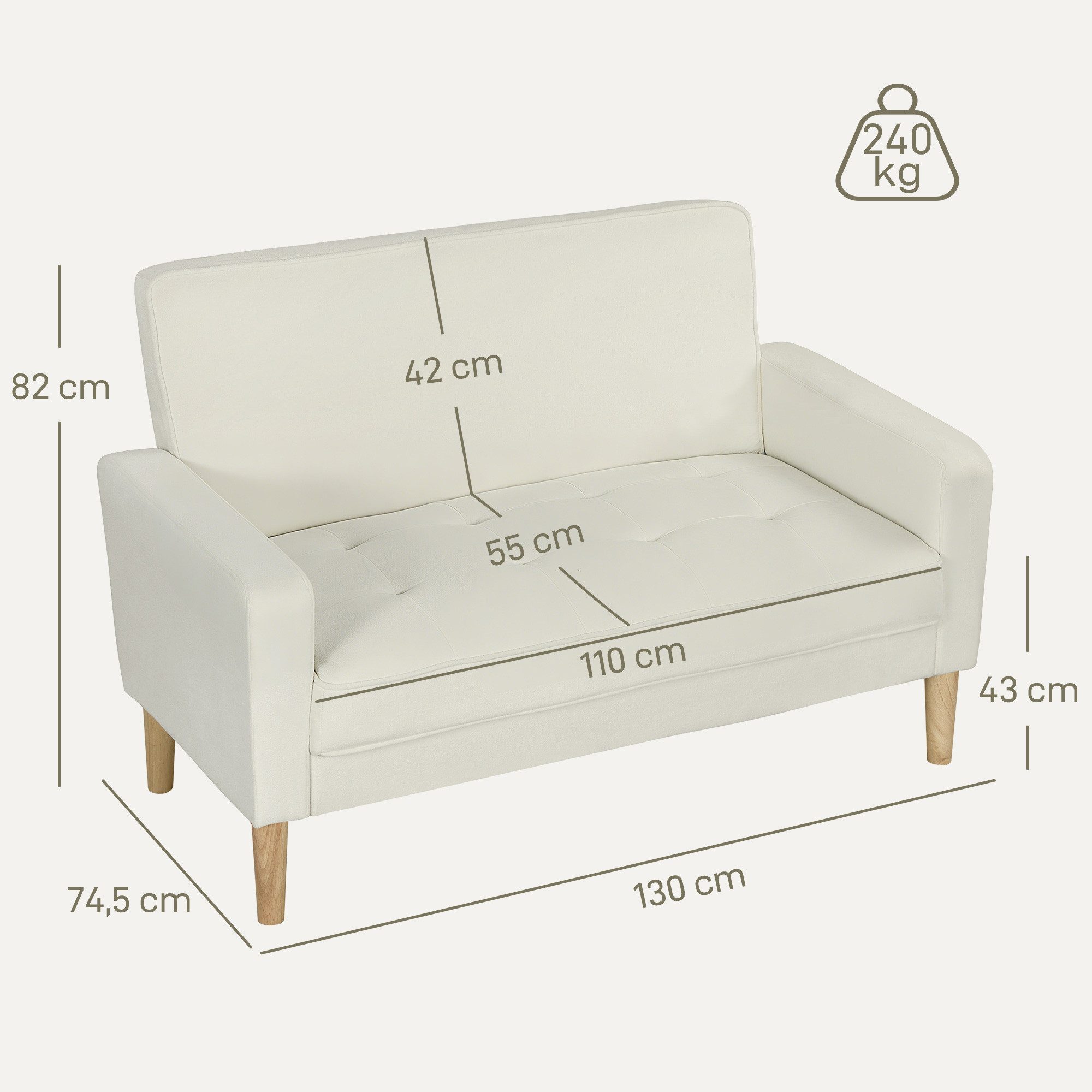HOMCOM 2-Sitzer Sofa 130 cm Kleine Couch Polstersofa mit Armlehne, Samtoptik, Loungesofa 1 Teile, für Wohnzimmer, Schlafzimmer, Kleinen Raum, Cremeweiß