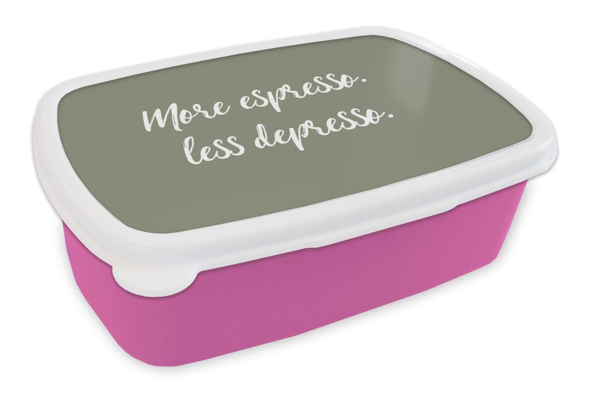 MuchoWow Lunchbox Zitate - Mehr Espresso. Weniger Depresso. - Zitate - Kaffee, Kunststoff, (2-tlg), Brotbox für Erwachsene, Brotdose Kinder, Snackbox, Mädchen, Kunststoff rosa