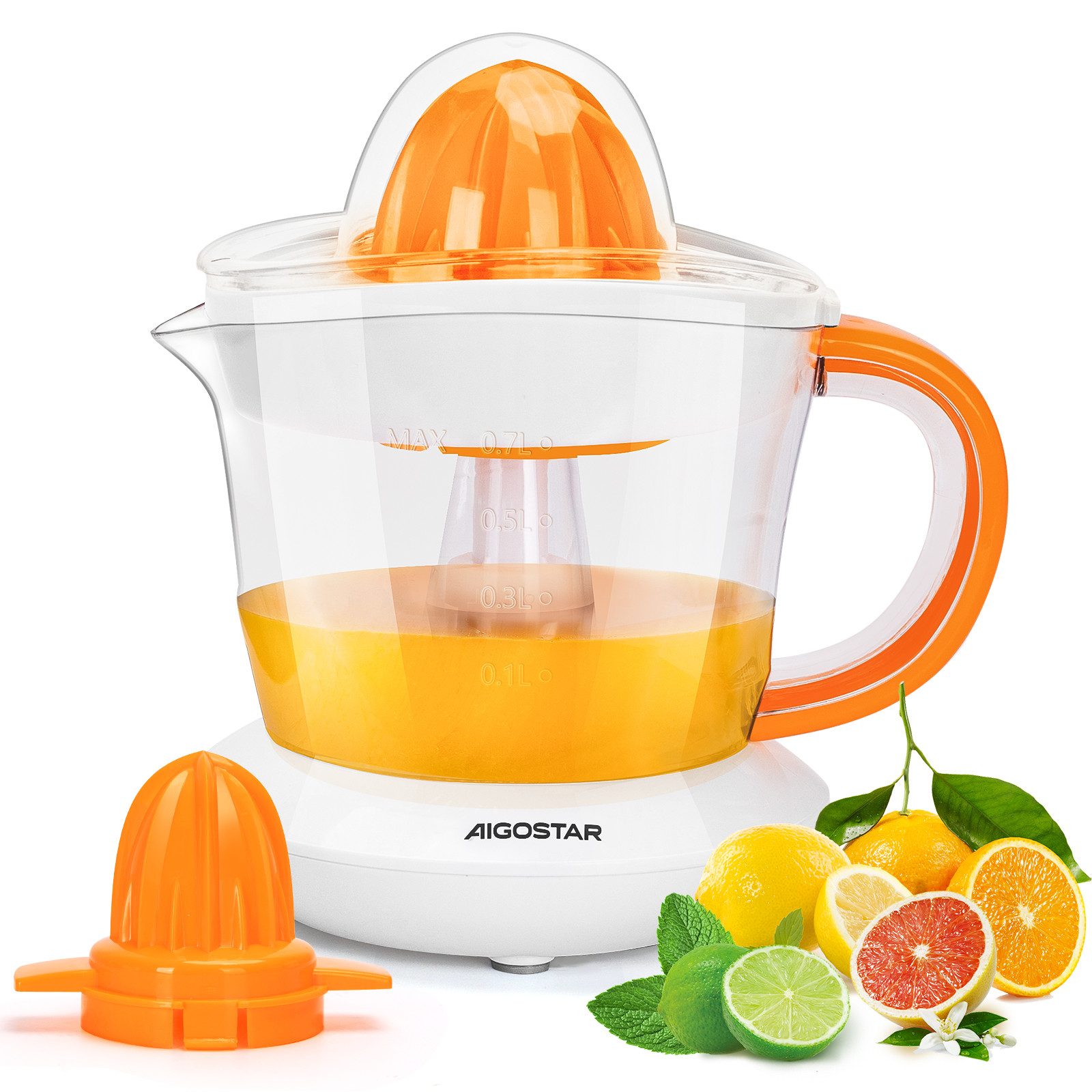 Aigostar Entsafter Saftpresse Elektrisch 2 Kegel, Orangenpresse, Zitruspresse, 40,00 W, Hohe Saftausbeute, Tropfsicherer Auslauf, 100% reiner Saft, BPA-frei