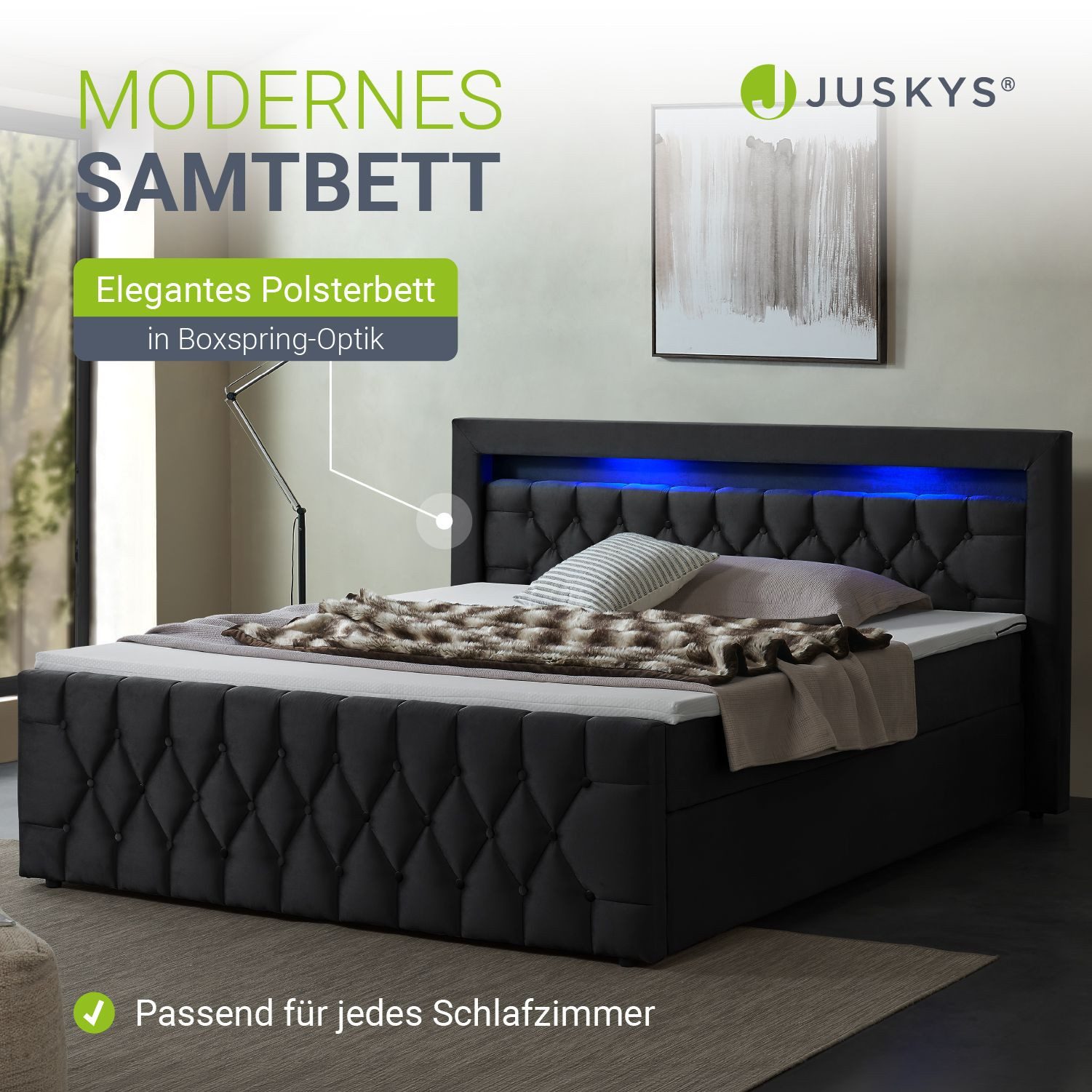 Juskys Polsterbett Leona, 140x200 cm, Boxspringbett-Optik, Samt-Bezug, LED-Licht, H4 Matratze