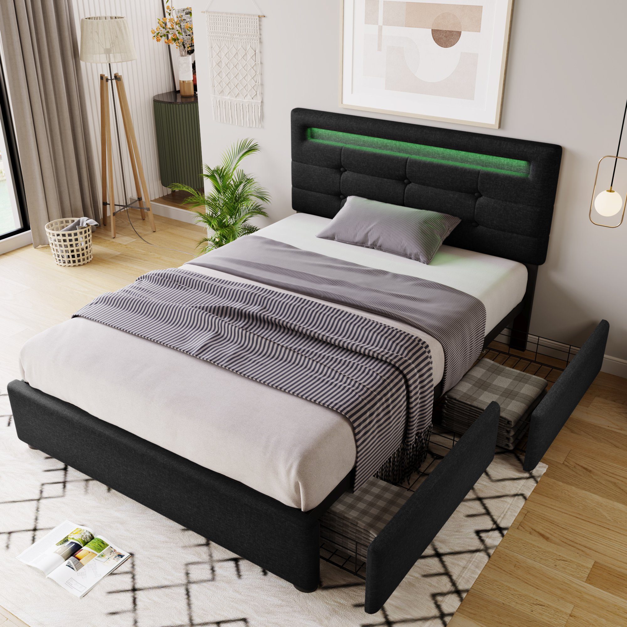Polsterbett (mit LED-Beleuchtung, Fernbedienung und verstellbarem Kopfteil), Einzelbett mit Lattenrost, 2 Schubladen, Leinen, 90x200cm Bett