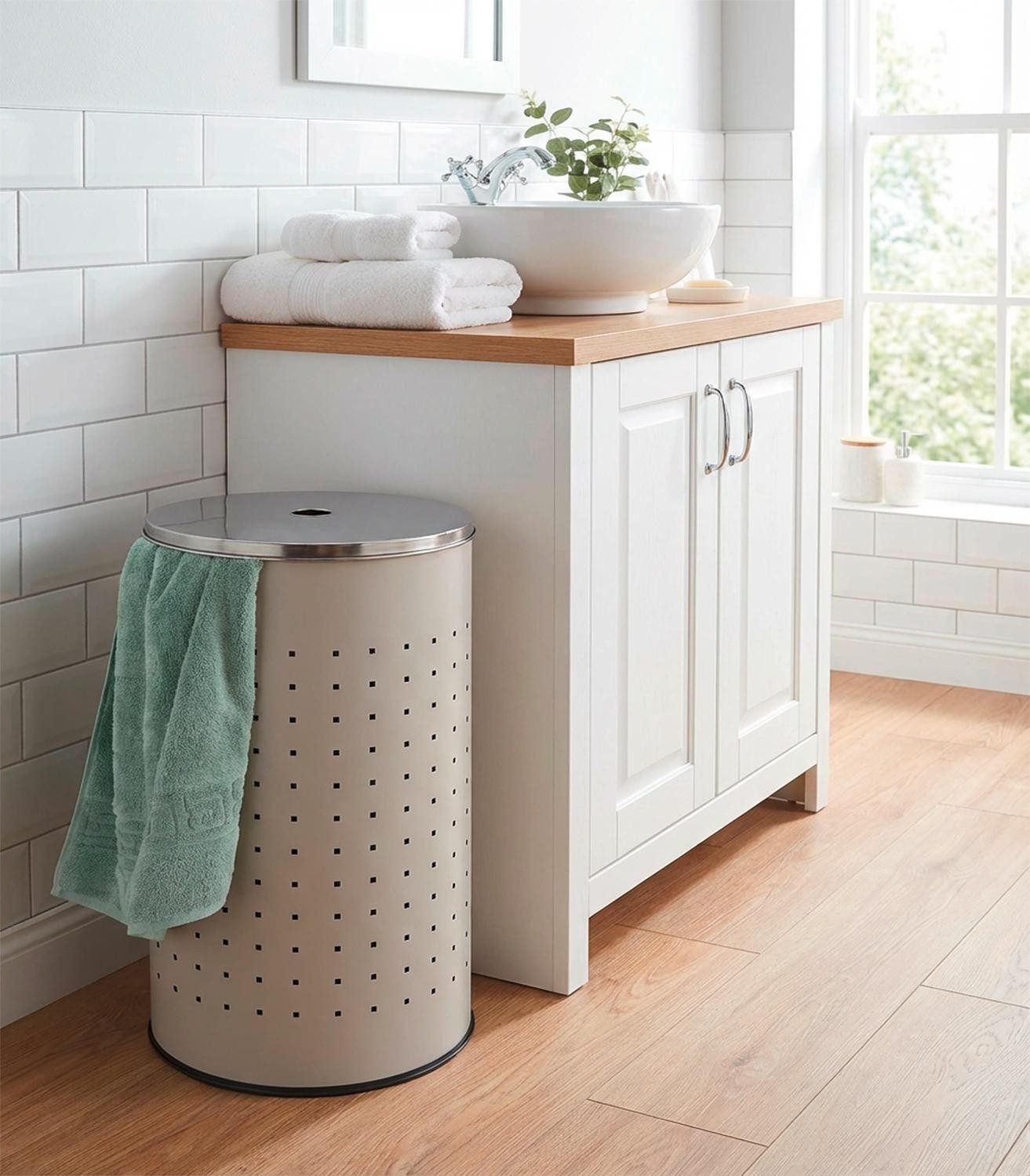 Home4You Wäschetonne Wäschesammler, Greige, Ø 35,5 x H 57,5 cm, (1 St), 54 Liter Fassungsvermögen, mit Belüftungslöcher – Bild 2 von 4