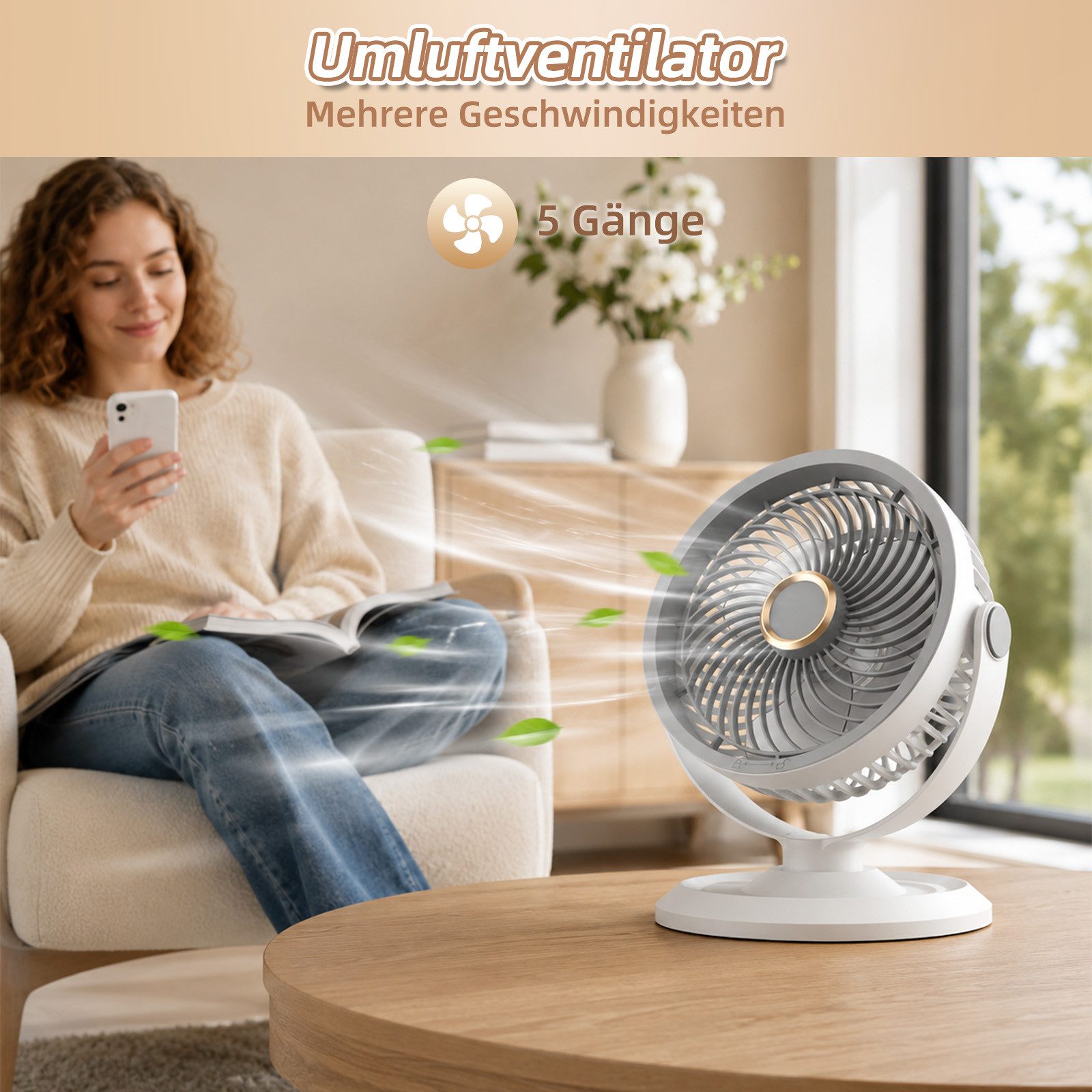 MOPUEA Standventilator 360° Drehbarer Luftzirkulationsventilator USB Tischventilator, Ventilator für Camping, Reisen, Zuhause