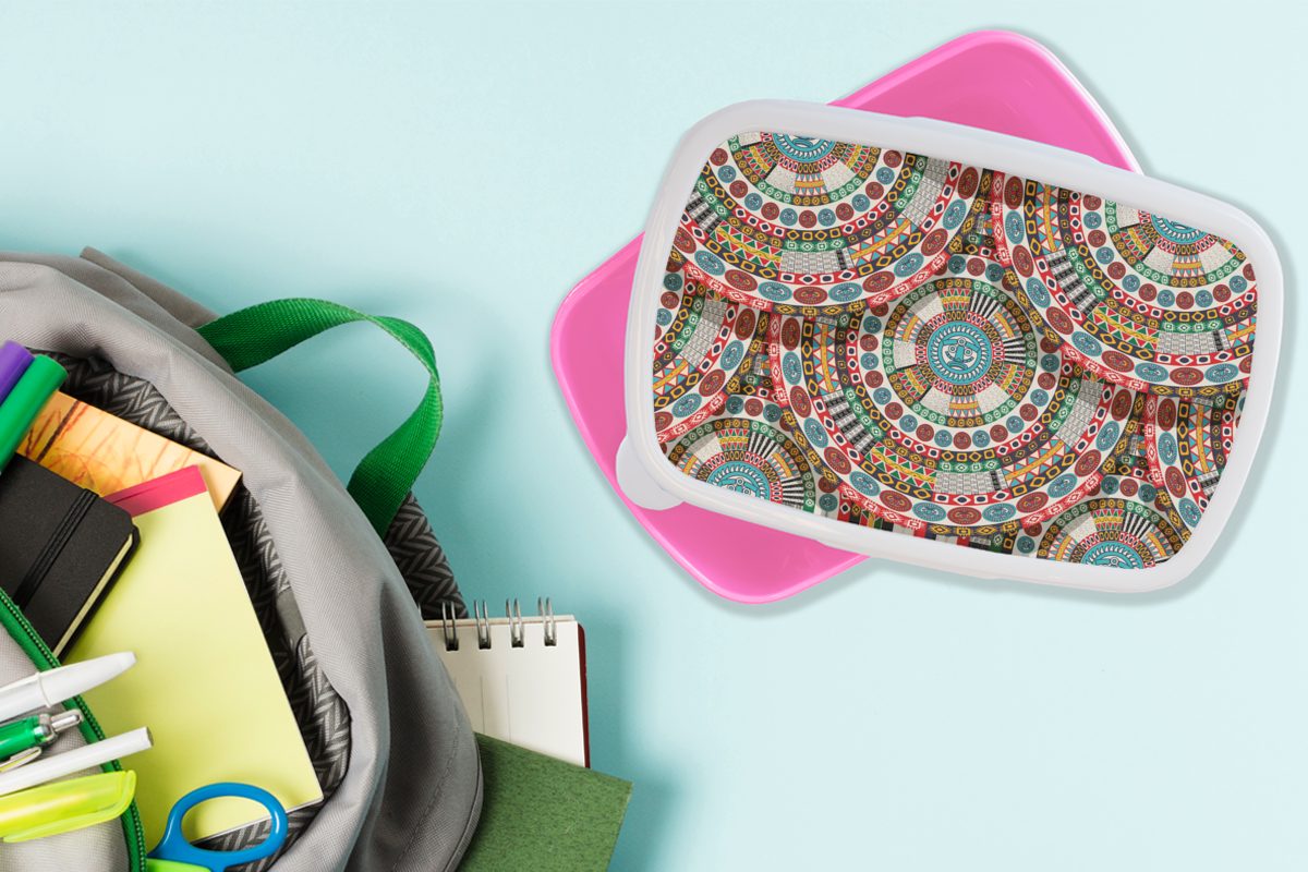 MuchoWow - Fliese Kinder, Kunststoff, Brotbox (2-tlg), Azteke - Erwachsene, Lunchbox Brotdose Kunststoff rosa für - Snackbox, Muster, Mädchen, Kreise