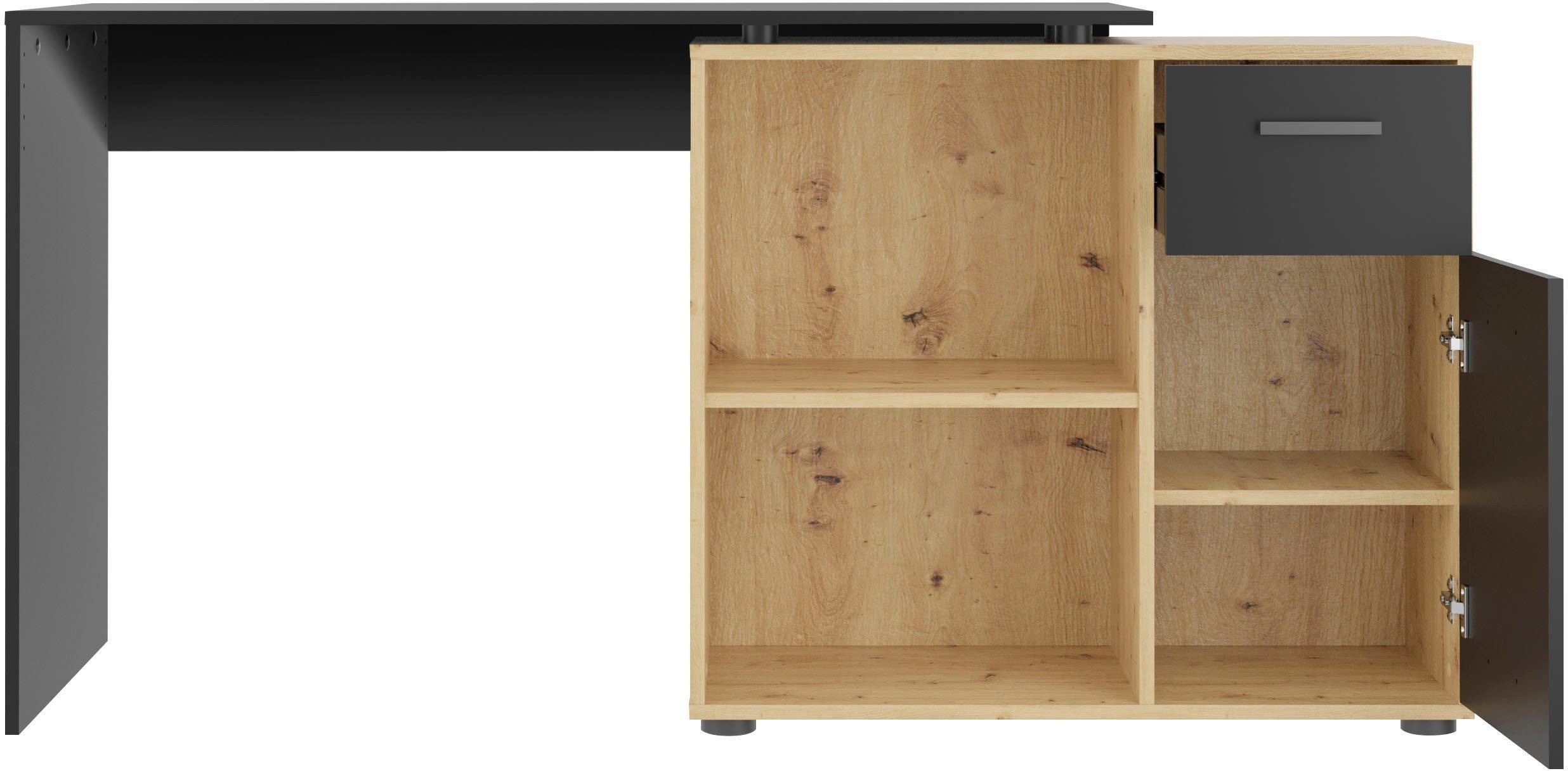 FMD Eckschreibtisch AUGSBURG, Schreibtisch / Sideboard mit Stauraum, drehbar, Breite 117/148 cm artisan eiche-schwarz