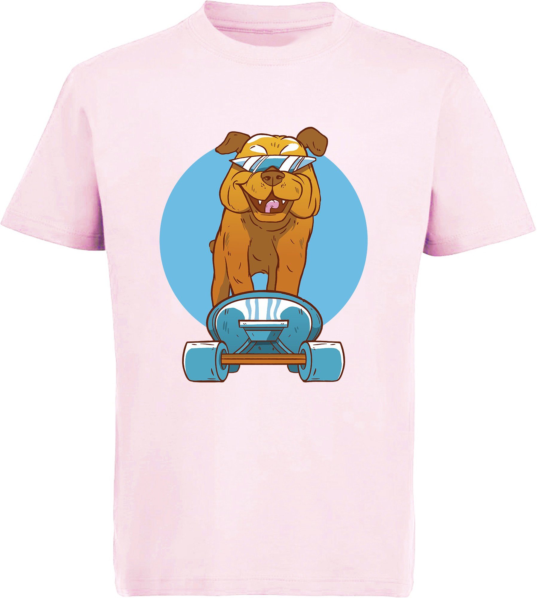 MyDesign24 Print-Shirt Kinder Hunde T-Shirt bedruckt - Cooler Hund mit Skateboard Baumwollshirt mit Aufdruck, i239 rosa | T-Shirts
