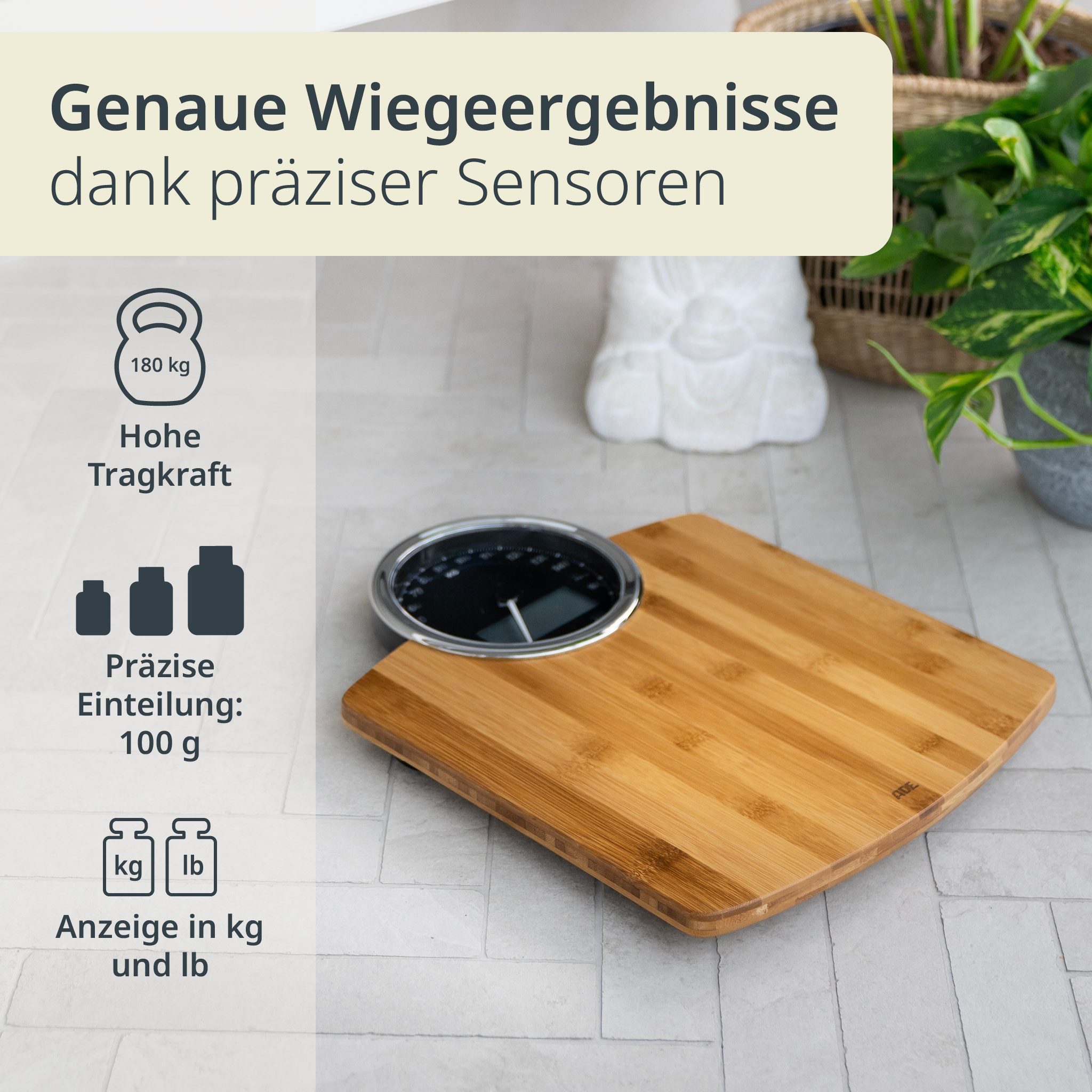ADE Personenwaage Körperwaage mit Dual-Display: digital und analog, Wiegefläche aus echtem Bambusholz, bis 180 kg