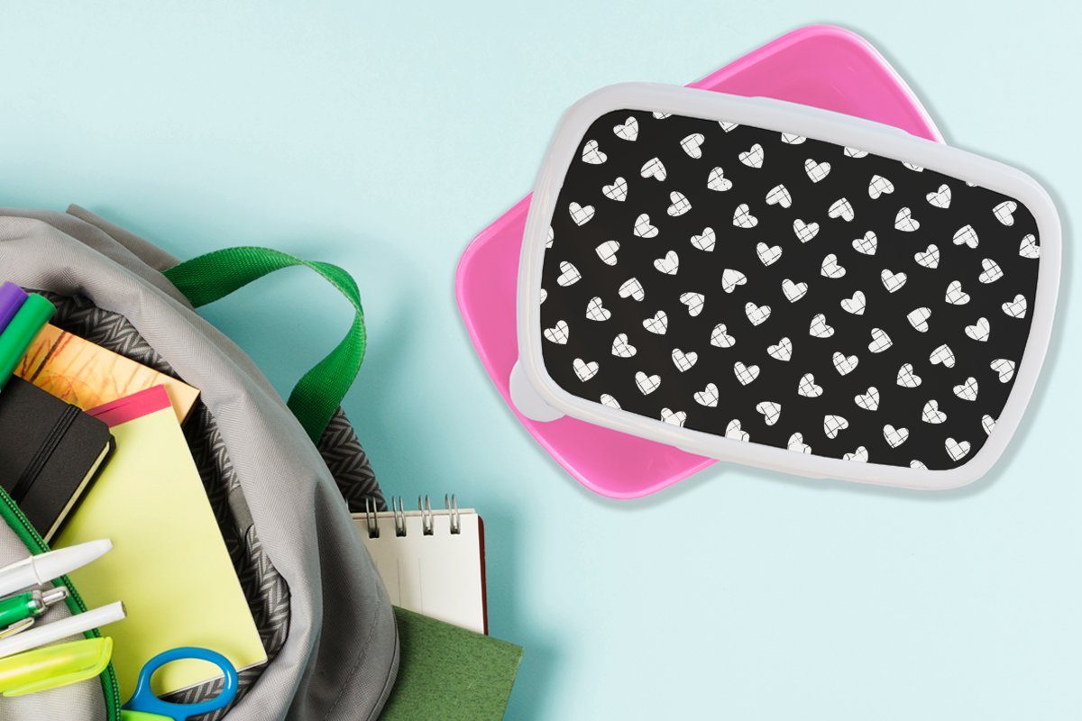 MuchoWow Lunchbox Kunststoff für Kunststoff, - Mädchen, Snackbox, - Brotdose Erwachsene, - rosa Herz Design Muster, Kinder, (2-tlg), Geometrie Brotbox