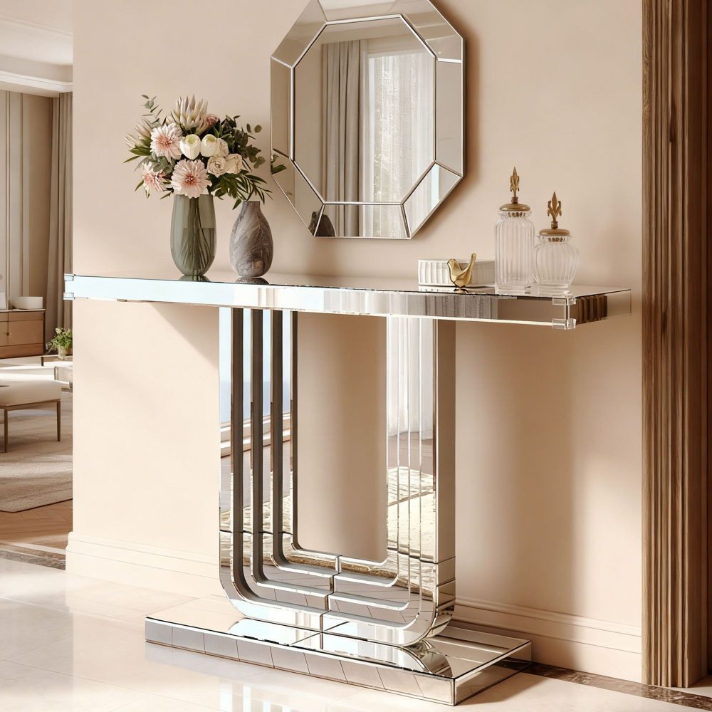 BBWL Konsolentisch 120 cm mit Silber-Optik MDF Glastisch U-Form Basis Kratzfest, Spiegel Konsolentisch für Wohnzimmer Flur