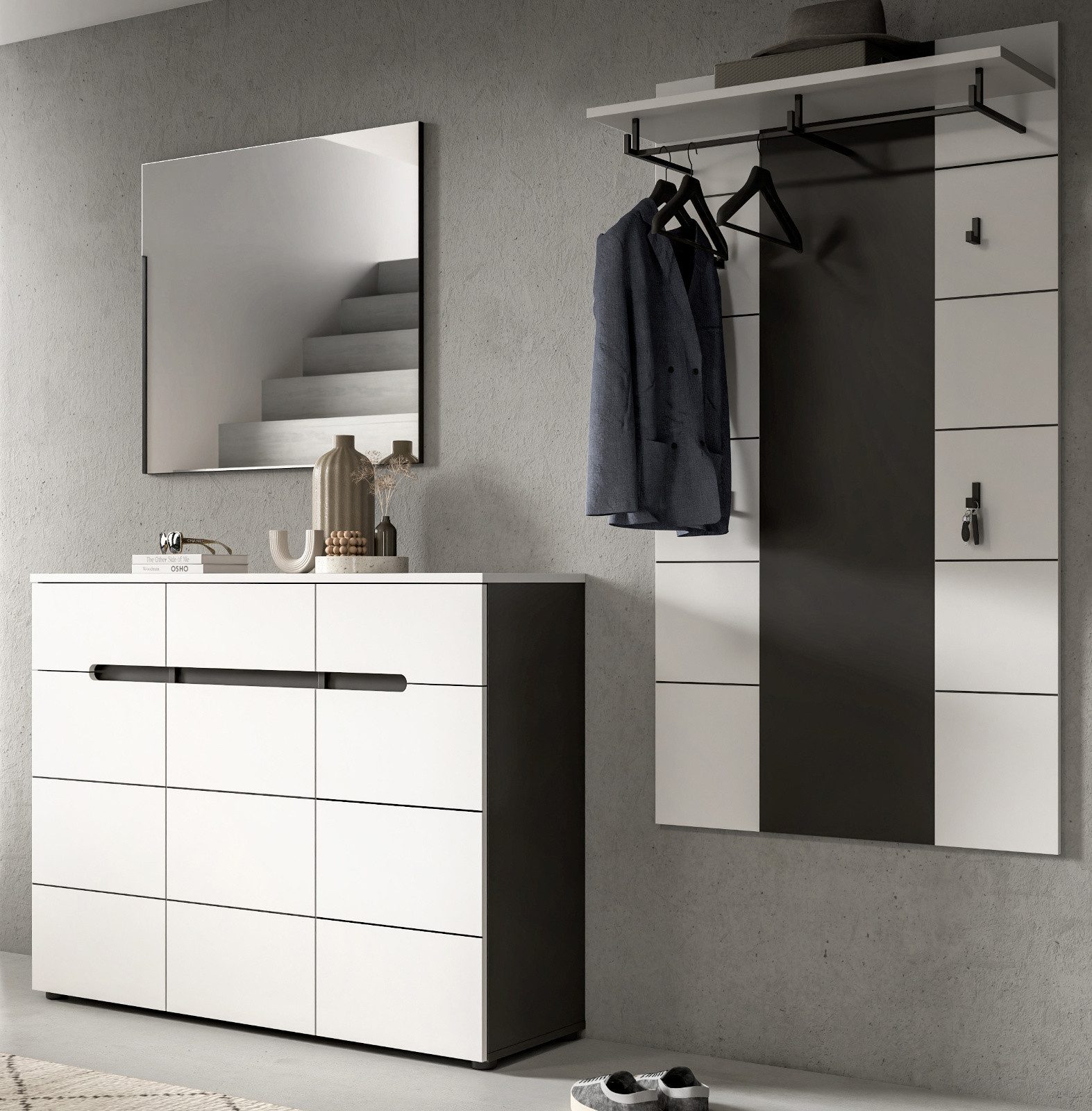 Inn.Furn Garderoben-Set Cooper, (Flurgarderobe in Weiß und Basalt Grau, 3-teilig, 210 x 190 cm), mit großer Schuhkommode, Soft-Close
