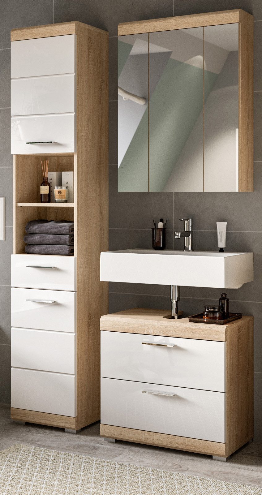 Inn.Furn Badmöbel-Set Mambo, (Badezimmer 3-teilig in Weiß Hochglanz und Eiche, 112 x 191 cm), 15 Fächer und 3 Vollauszug-Schubkästen