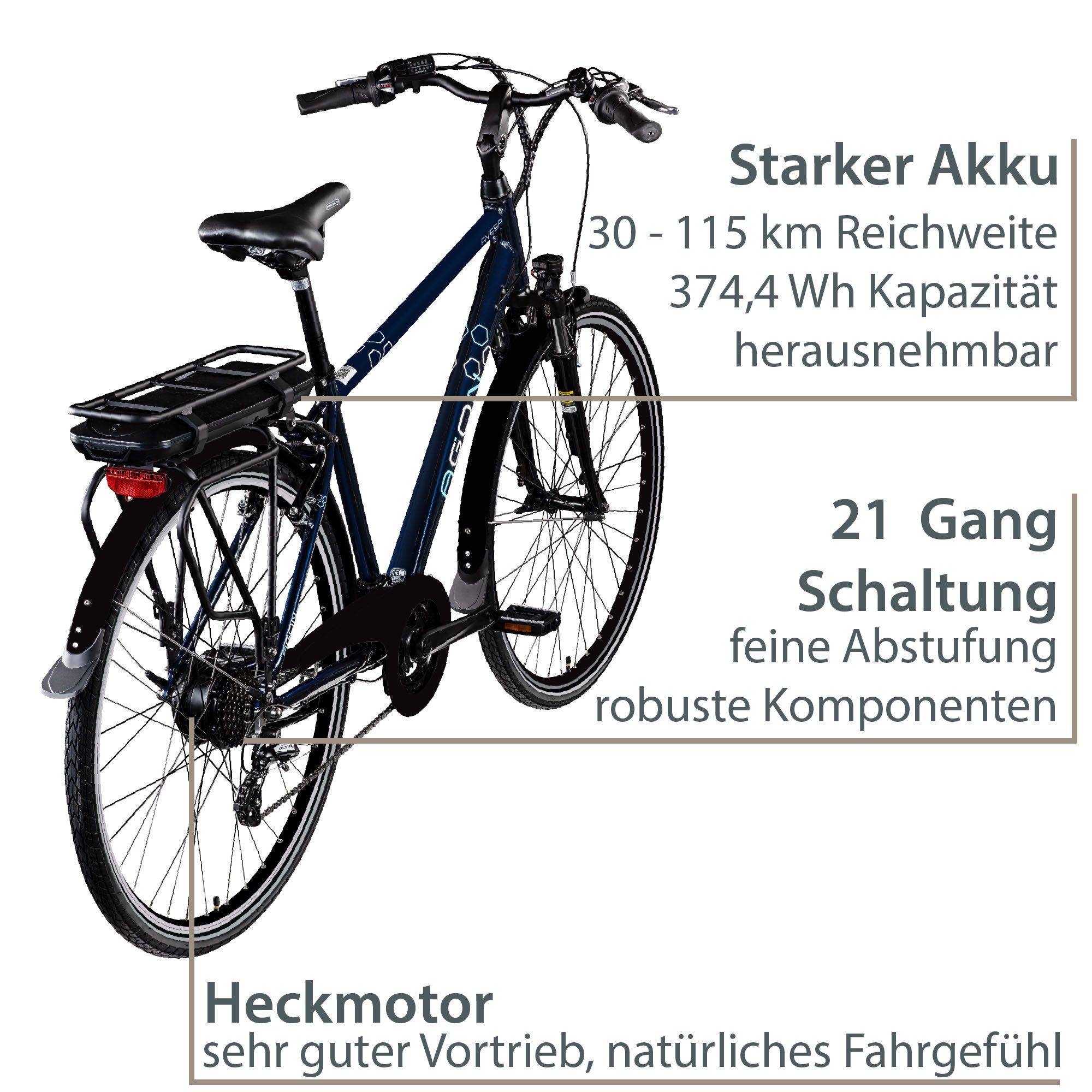 AGON E-Bike Trekkingrad Avesa, 21 Gang, Kettenschaltung, Heckmotor, 374 Wh, Pedelec, Elektrofahrrad für Damen u. Herren