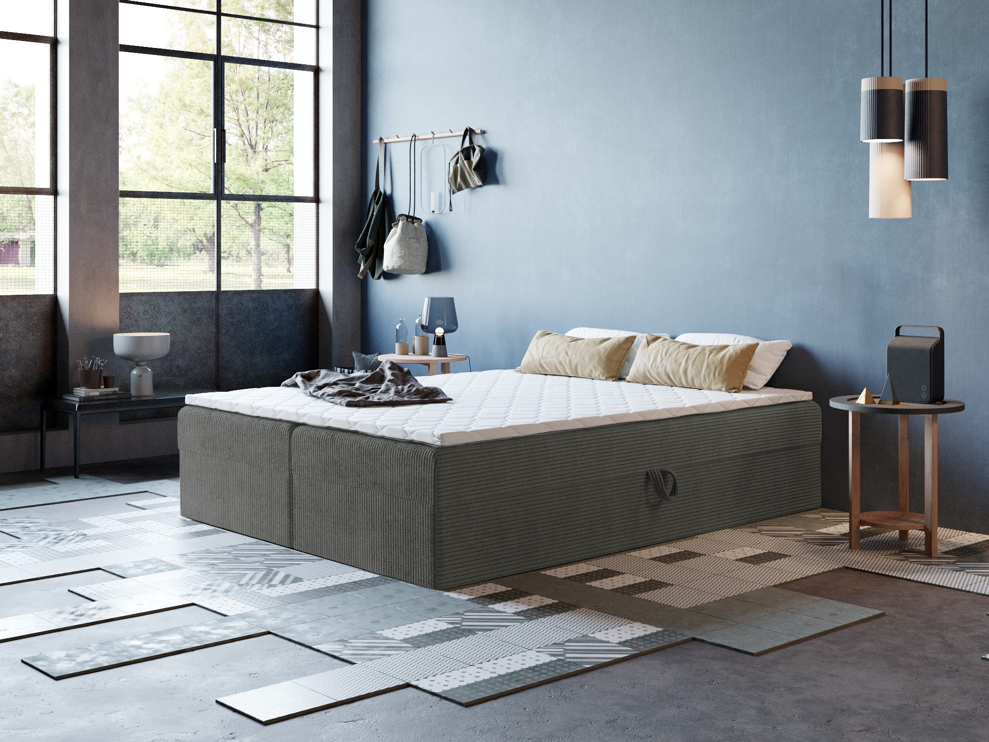 Godre Boxspringbett mit Bettkasten ARES 2 - 190x200 cm - Tashen Matratze und Topper (Bett + Matratze + Topper T-25), Bett mit zwei seitlich zu öffnenden Kästen
