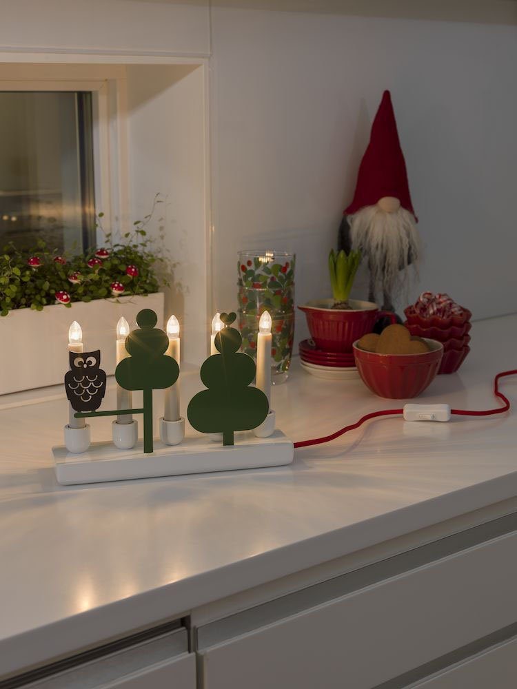KONSTSMIDE Fensterleuchter Weihnachtsdeko, weiß mit farbiger Metalldekorationen Holzleuchter, Warmweiß, lackiert, Leuchtmittel Eule wechselbar