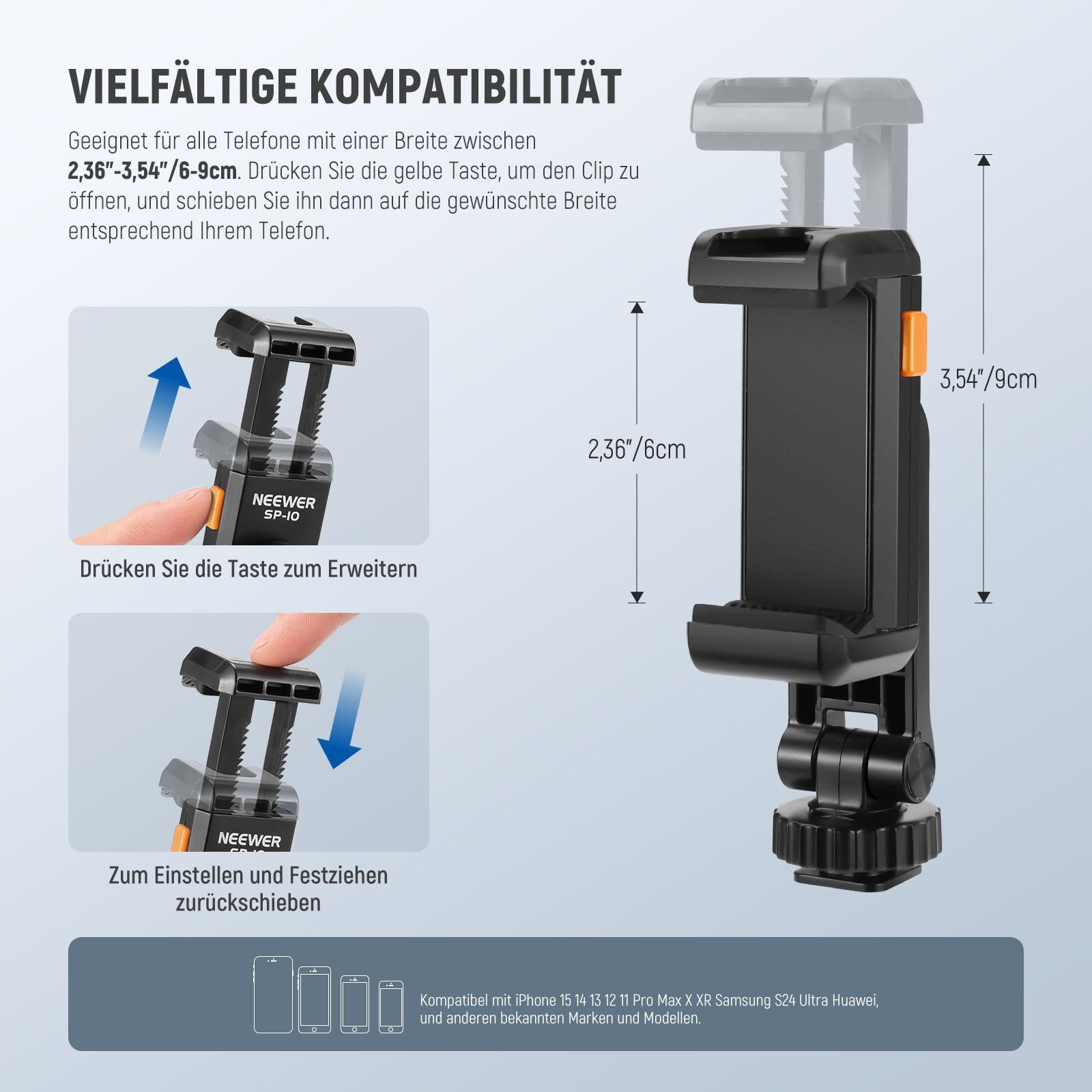Neewer Handy-Halterung SP-10 Handyhalterung mit 1/4" Gewinde & Kaltblitzschuh, (bis 3.54 Zoll, Packung, Einstellbar, Stabil) – Bild 2 von 5