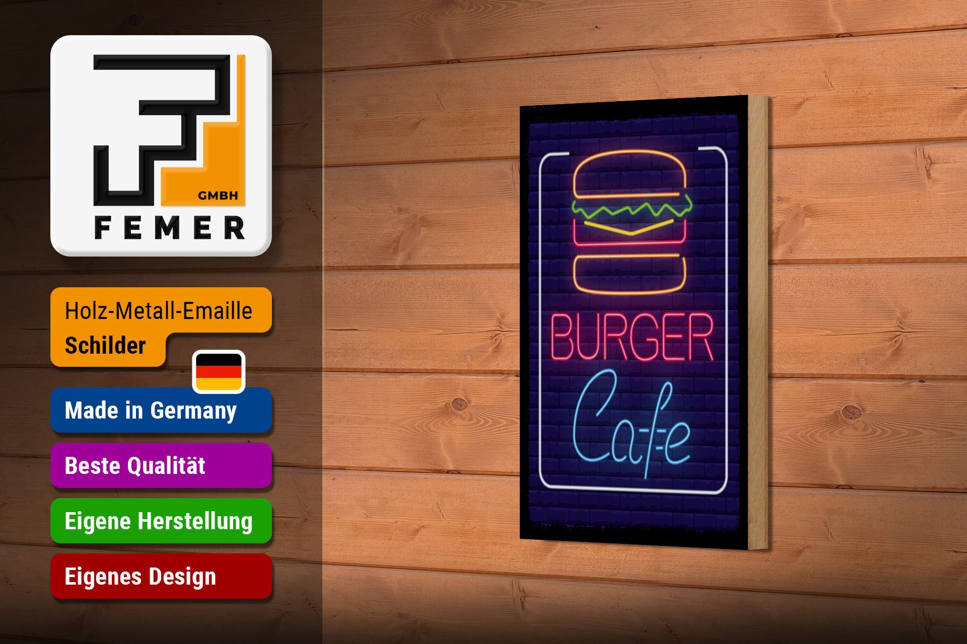 Femer GmbH Holzbild Hinweis 12x18 cm Burger Cafe Reklame, (1 St), Glatte Holzfaserplatte (MDF), vorn beschichtet