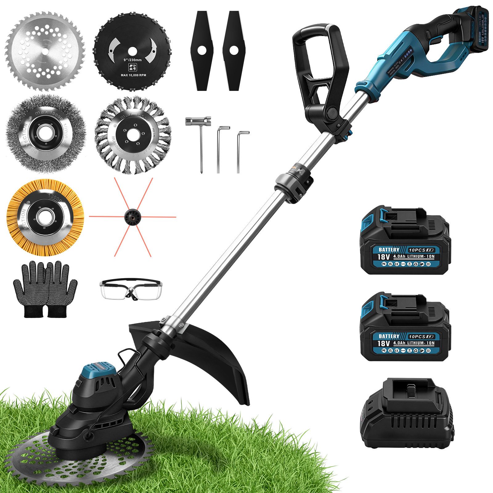 XERSEK Akku-Rasentrimmer Elektro-Grastrimmer mit Bürstenloser Motor, 14800U/min 980W Motorsense, 30 cm Arbeitsbreite Messer, 2*4,0Ah Akkus, Freischneider Rasenmäher Trimmer Für Garten Rasen