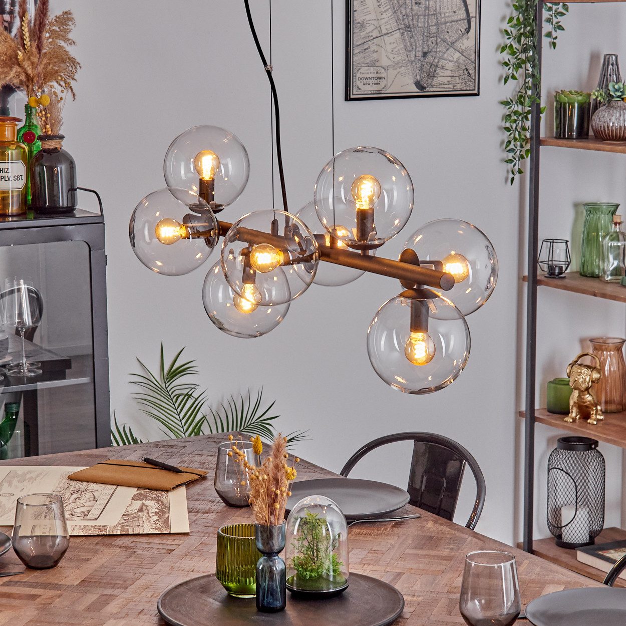 hofstein Pendelleuchte Hängelampe aus Metall/Glas in Schwarz/Klar, ohne Leuchtmittel, Hängeleuchte im Retro/Vintage-Design mit Glasschirmen, 8 x E14