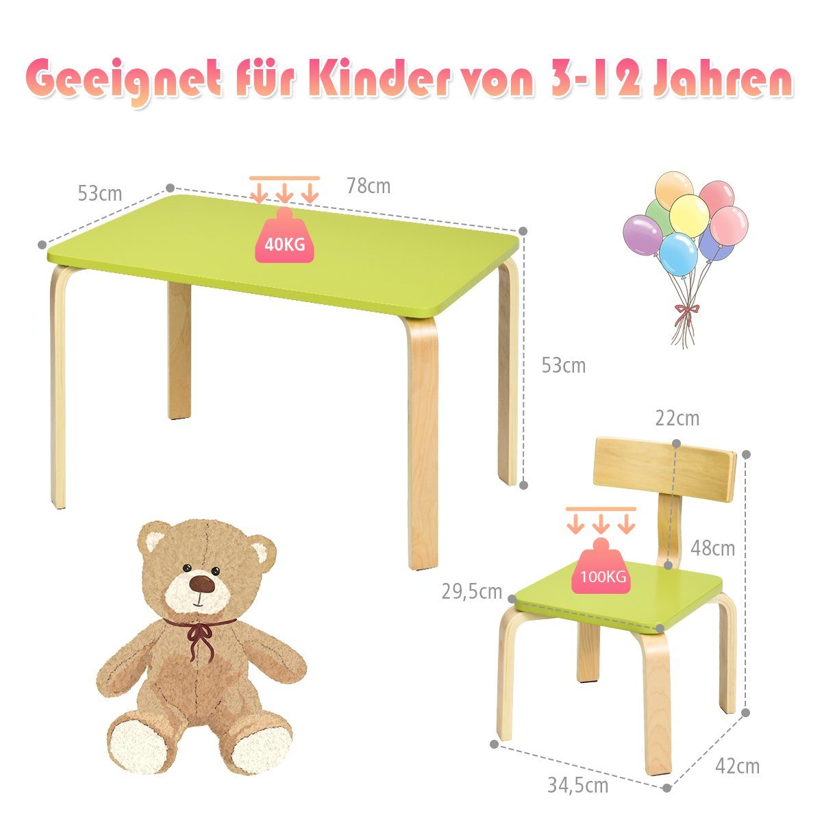 Holz 2 Kindersitzgruppe, Kinderstühlen, Kindertisch Grün COSTWAY mit