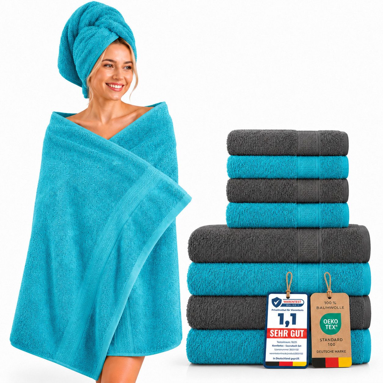 Komfortec Handtuch Set Premium 8x Handtuch & Badetuch Set - 4er 50x100 + 4er 70x140 cm, Frottee (8-St), 100% Baumwolle, Weich, 470 g/m2