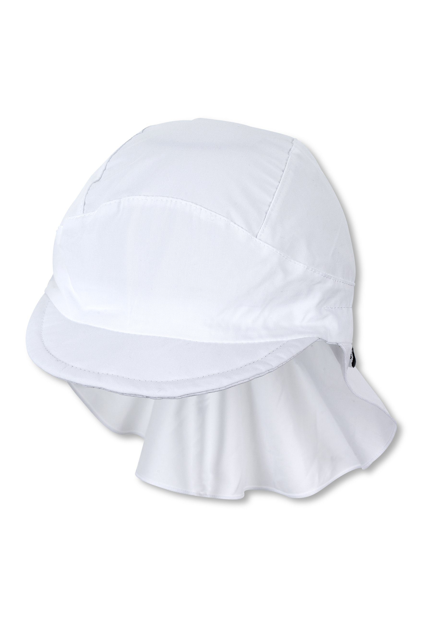 Sterntaler® Schirmmütze bedruckt Nackenschutz (1-St., mit UV-Sonnenschutz Kindermütze aus weiß mit 50) mit Beanie UV-Popeline unifarben Sternen Schirm Erstlingsmütze