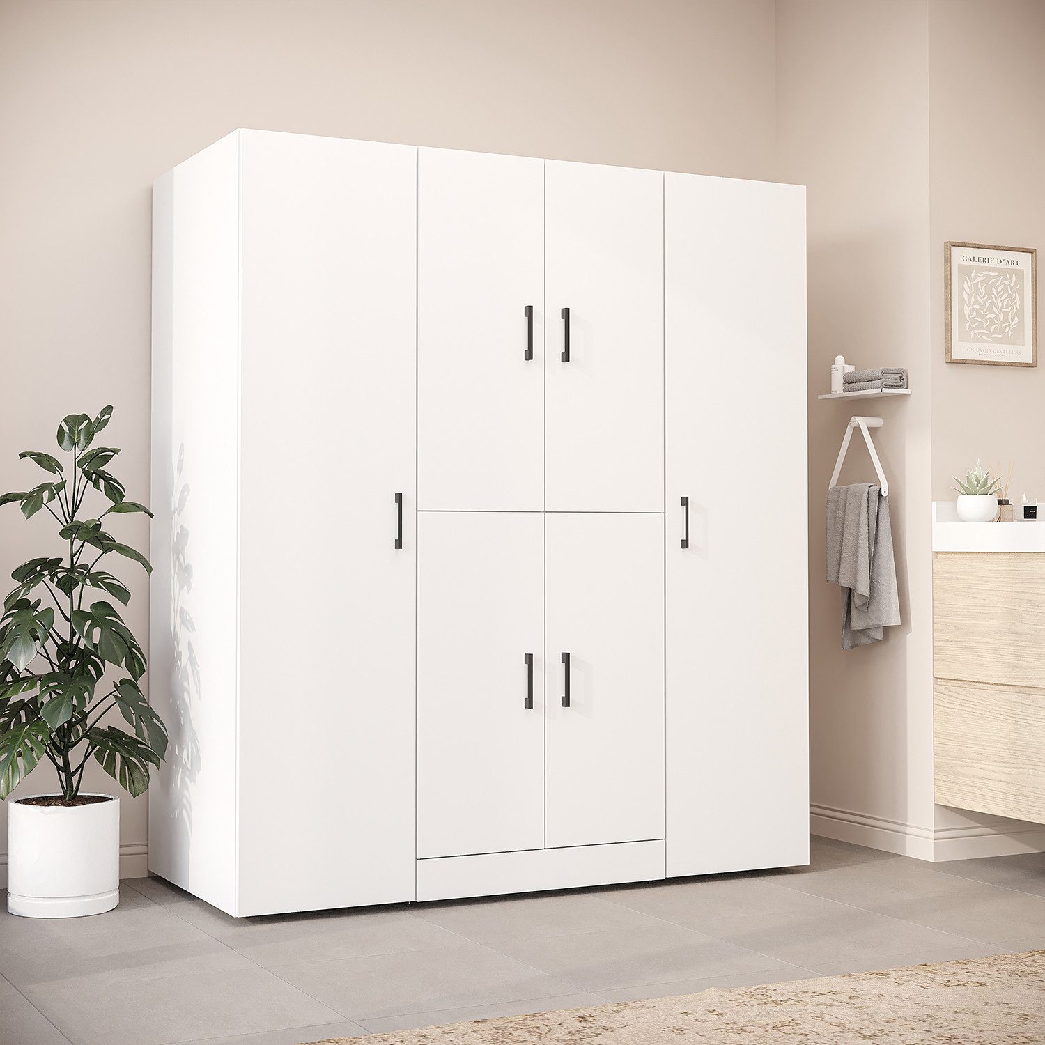 Roomart Waschmaschinenumbauschrank DORA-I 160cm Waschmaschine & Trockner übereinander mit 2 Hochschränken Waschturm mit 2 Hochschränken, frei anordenbar & mit Ausziehbrett
