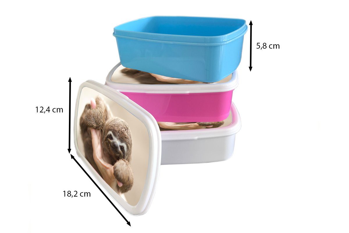 Ein Hand, Snackbox, Kunststoff, junges Mädchen, Lunchbox (2-tlg), Brotdose einer in rosa Kunststoff MuchoWow Faultier Brotbox Kinder, Erwachsene, für