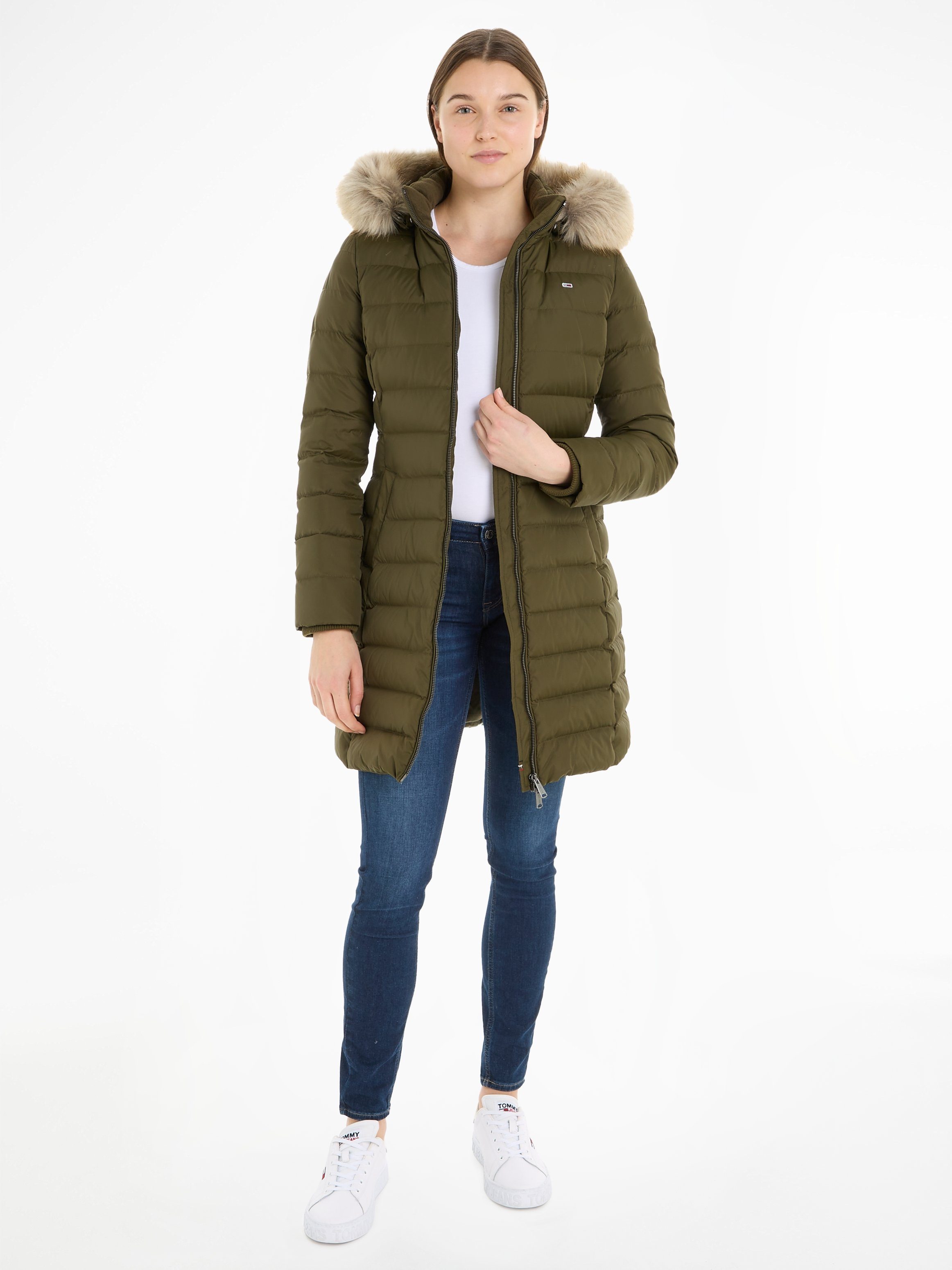 Kapuze COAT Green Daunenmantel TJW Tommy mit Jeans Fellimitat abnehmbarem ESSENTIAL Drab Olive DOWN an der HOODED