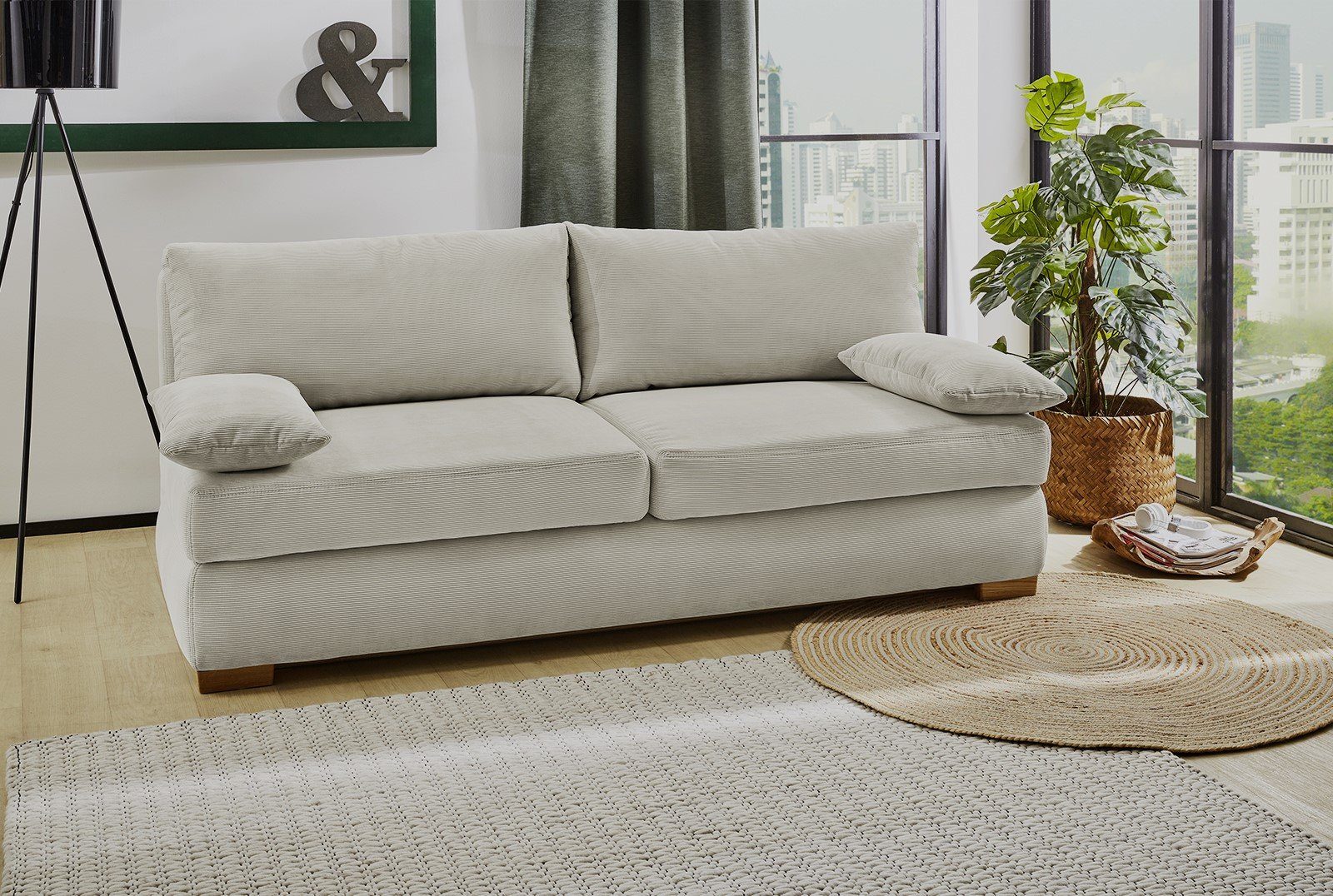 luma-home Schlafsofa 15151, Dauerschläfer mit Bettkasten B201/T110/H88 cm, Liegefläche 160x200 cm, Federkern, Wellenunterfederung, separater Topper, Feincord Beige
