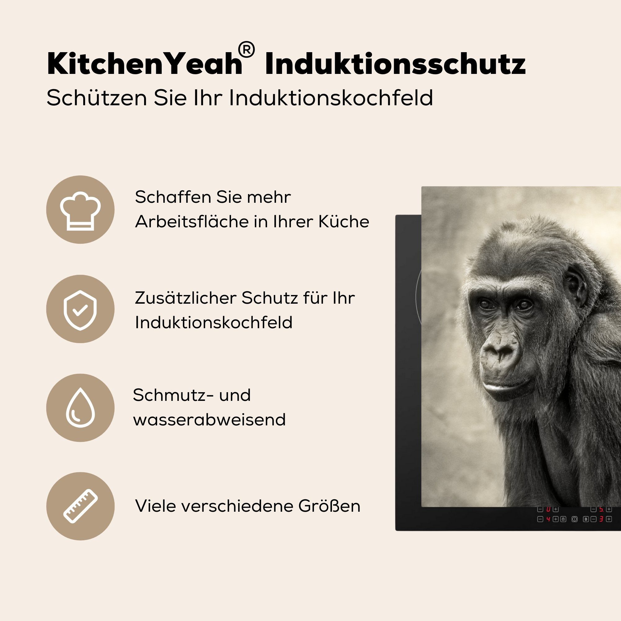 für Illustration MuchoWow Gorilla Jungtier, (1 cm, die mit Ceranfeldabdeckung Herdblende-/Abdeckplatte Schutz 81x52 küche, Vinyl, Induktionskochfeld tlg),