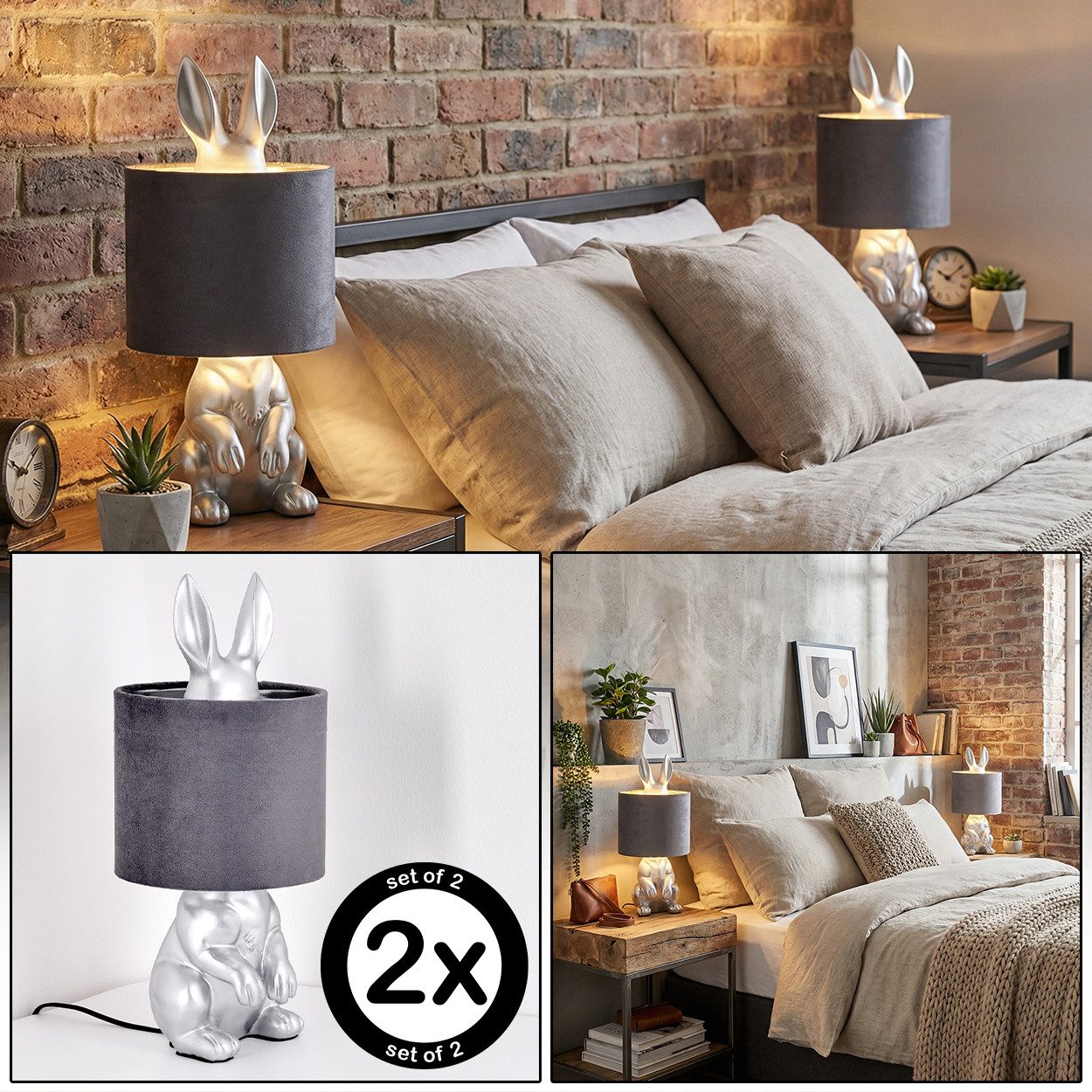 hofstein Tischleuchte 2-er Set Tischlampe Hase aus Kunststoff/Metall/Samt in Silber/Schwarz, Tischleuchte im Retro-Design mit Schalter am Kabel, Höhe 41 cm, E27