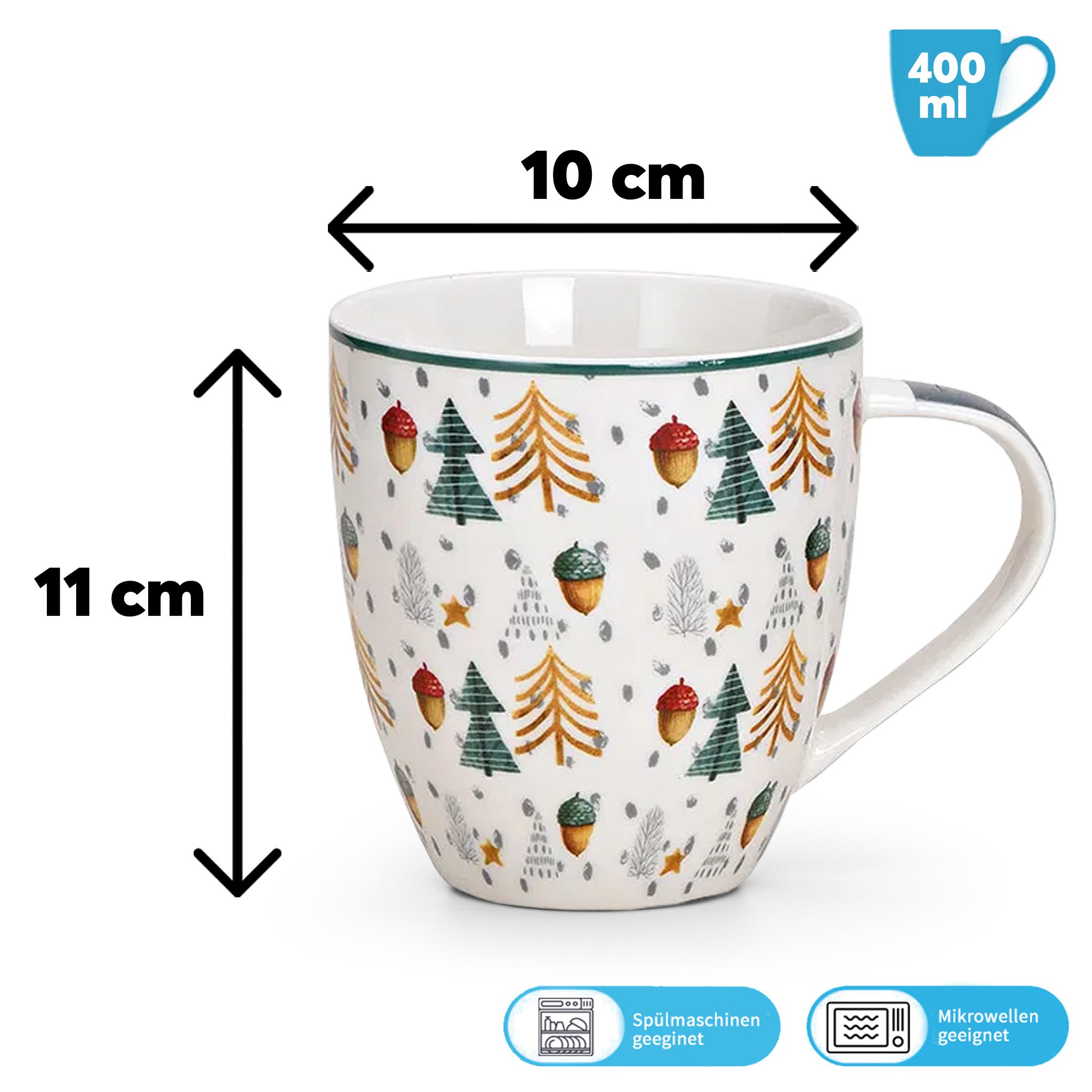 matches21 HOME & HOBBY Tasse Grosse Weihnachtstassen 2er Set Bäume Kaffeetassen, 2-tlg., Porzellan, Tee Kaffee-Becher, Weihnachten, modern, grau weiss bunt, 400 ml