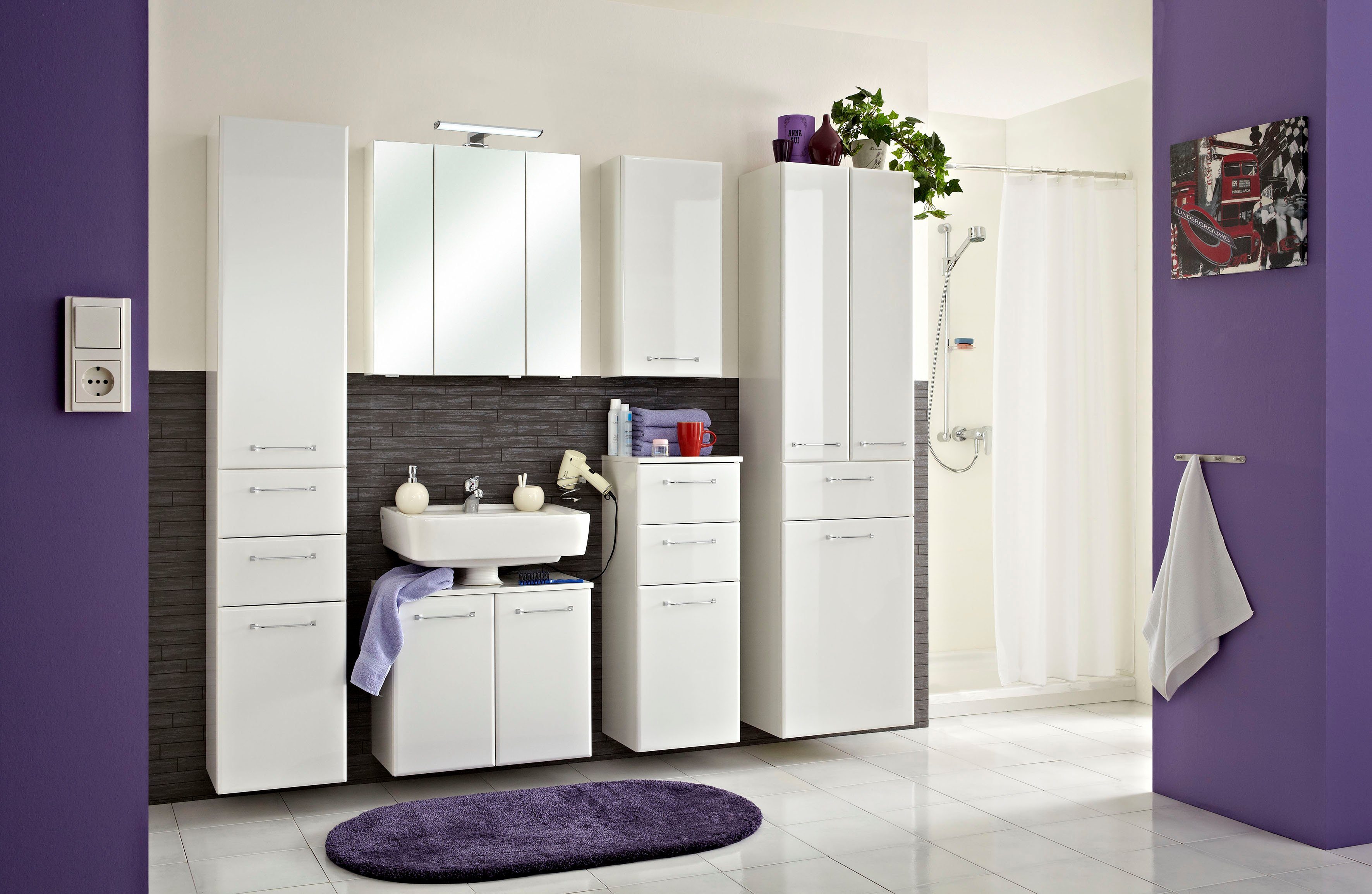 Saphir Hochschrank Quickset Badschrank 50 cm breit, 2 Türen, 1 Schublade, 1 Wäschekippe Badezimmer-Hochschrank inkl. Türdämpfer, Griffe in Chrom glänzend